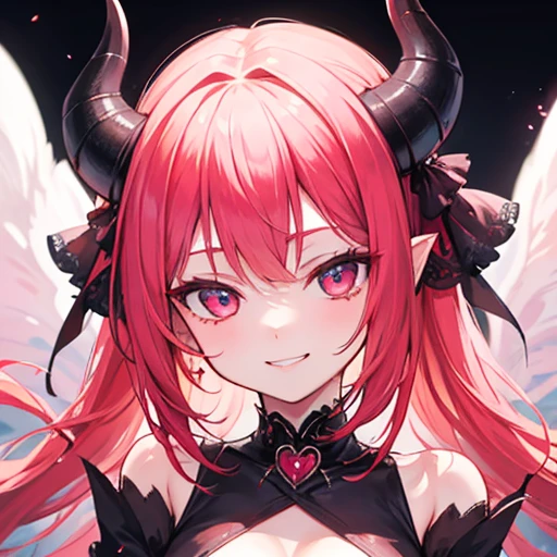 A female milf demon with black demon horn, ((demon horn)), cabelo de rapunzel cor-de-rosa extremamente longo, ((Cabelo de rapunzel cor-de-rosa)), White eyes of the demon, ((olhos brancos)), corpo volumoso com seios e busto enormes, ((seio e busto enormes)), roupa preta, Purple mist with purple energy particles and floor with red liquid, olhar perverso e vazio, sem brilho nos olhos, com um perverso, smile looking at the viewer in panoramic view;, Moda realista, sysie high definition details, fotografia, perspicacity, unique 850 4, Koda850 k portrait camera, Primavera F1.6, cores ricas, Textura super realista, textura de luz espetacular, arte surreal, Cinestil 800 mecanismo de moda