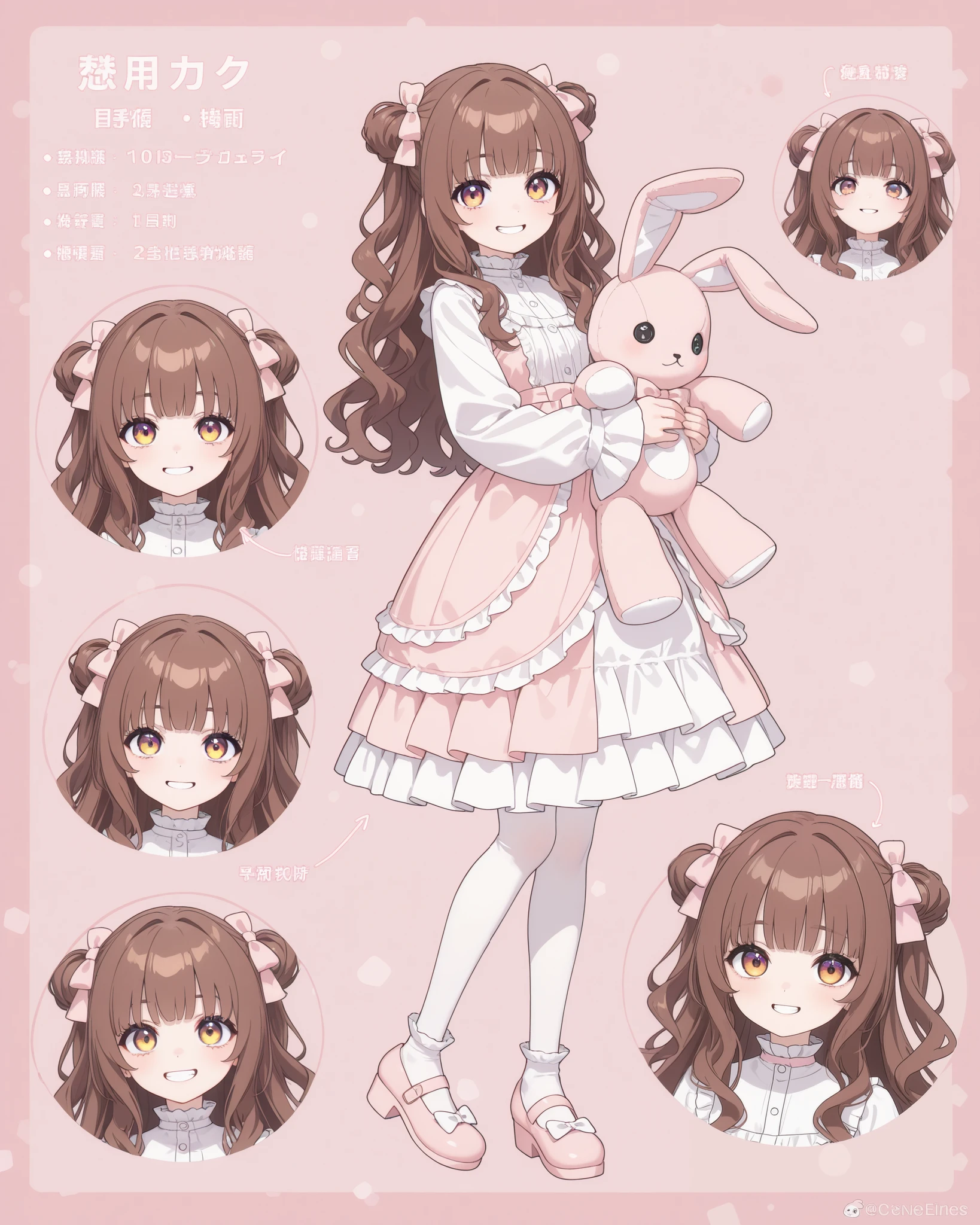 1girl, cute,kawaii, yellow eye, big eye,beautiful,upturned eyes, pale skin, wavy hair, bangs, side buns, brown hair, ( long hair), (ta dress, pastel pink) ,small breast,happy expression,grin\), background\ ((holding stuffed bunny))\),,close-up girl,dynamic angle,3d,full body pose((( character reference, character sheet))),looking at viewer ,masterpiece,best quality,newest