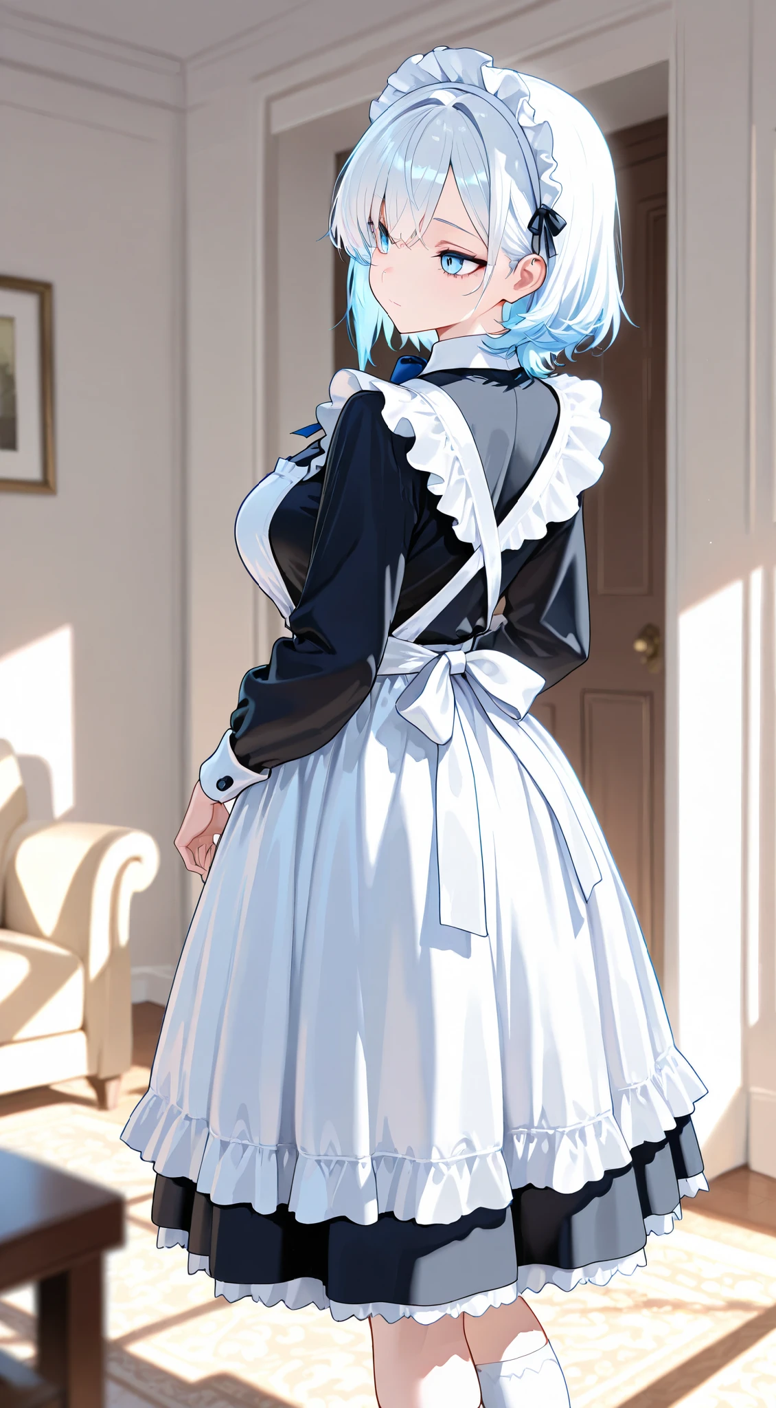 masterpiece, best quality, detailed face, detailed eyes, 1 girl, solo, beautiful, big chest, slender body, mature, light makeup, adorable, sharp eyes, closed mouth, short hair, blue hair outer, white hair inner, long side bangs, short tidy bang, vibrant blue eyes, white maid headband, classic maid dress, blue bowtie, white overknee socks, Indoor background, living room, polite stand, looking around, back view, facing back, day, depth of field, bloom, soft lighting,