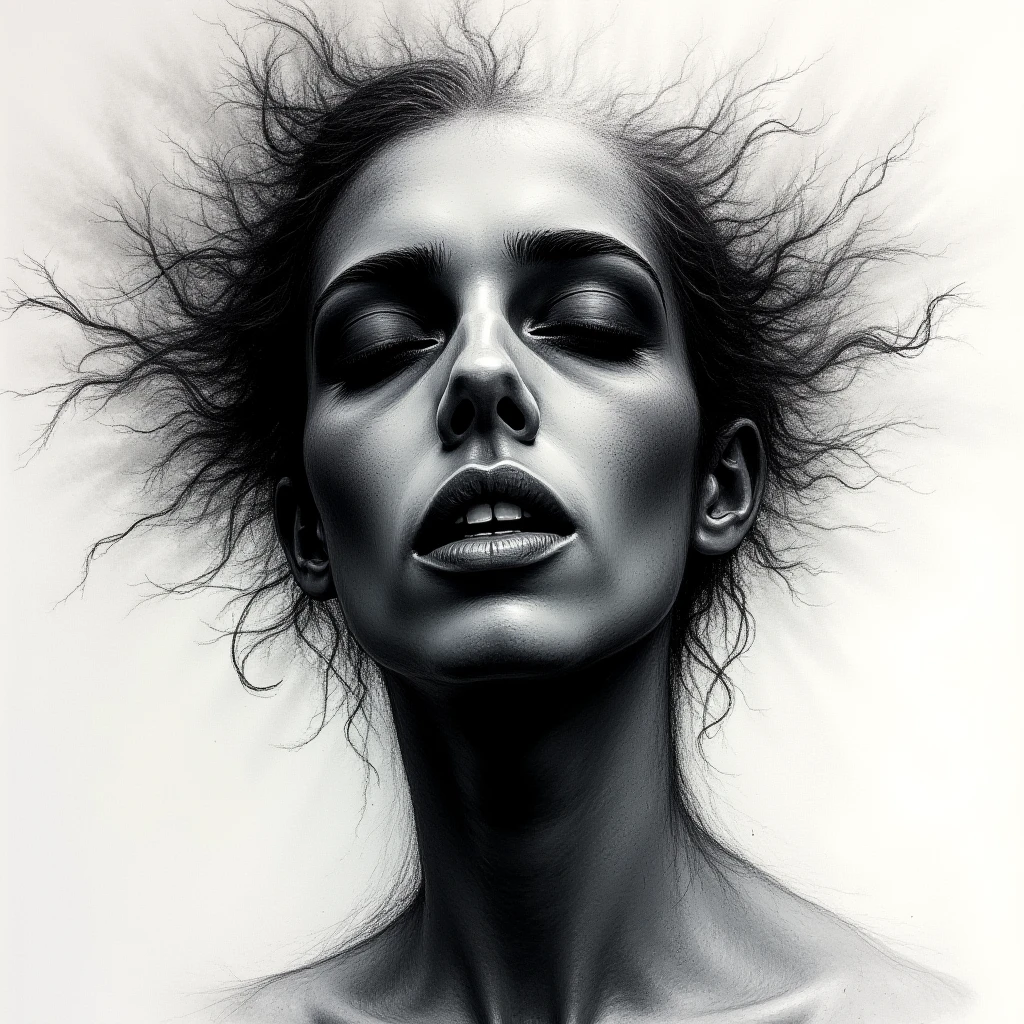 Create a hauntingly expressive ink and coal drawing that conveys raw emotion through bold, gestural strokes and delicate, whispery textures, with deep, rich colours and subtle, velvety grays that seem to reverberate with the subject's inner turmoil, evoking a sense of visceral empathy in the viewer, as if the emotions themselves have been distilled onto the page in a fleeting, yet eternal, moment of vulnerability, with every line, smudge, and scratch telling a story of pain, longing, or triumph. Eyes open. 
