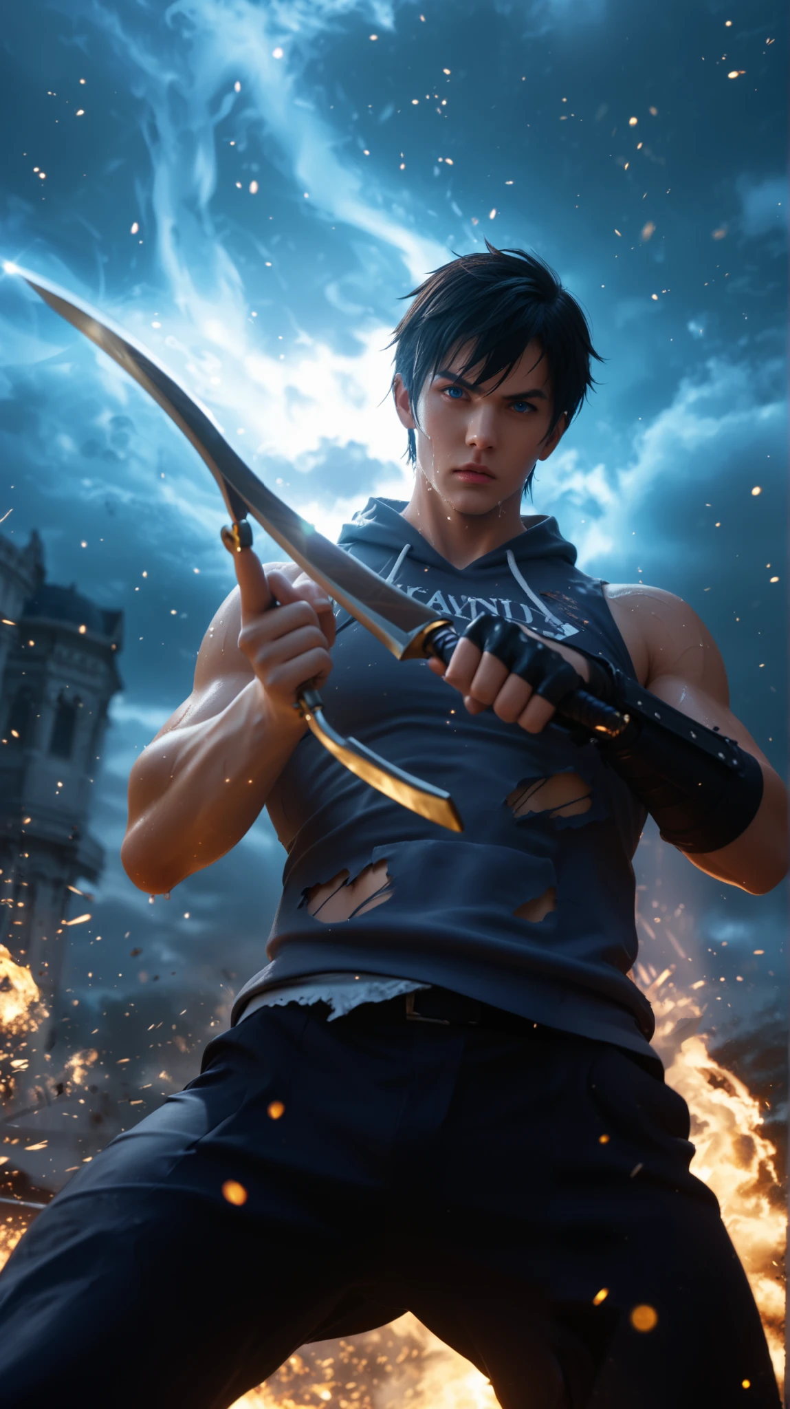 A hyper-realistic cinematic shot of Sung Jin-Woo from Solo Leveling, in an intense battle stance, wielding his signature dagger with a deadly gaze. His piercing blue eyes glow ominously, radiating an aura of immense power. His black hair is unkempt, slightly damp with sweat, enhancing his fierce expression. His muscular arms are wrapped in torn, bloodstained bandages, showing signs of past battles. He wears a rugged, sleeveless hoodie, shredded from combat, revealing his toned physique. His dagger crackles with dark energy, casting a blue luminescence over his hand. The background is a war-torn battlefield with embers floating in the air, dust particles catching the dim light. Shadows dance across his face, highlighting his sharp jawline and determined look. The composition features a low-angle cinematic perspective, making him appear dominant and powerful. Shot with a Sony A7R IV, 85mm f/1.4 lens, high-contrast dramatic lighting, hyper-detailed textures, ultra-HD 8K resolution, photorealistic rendering, dynamic action shot, high dynamic range, ultra-sharp focus --ar 16:9 --v 6 --style raw --q 2 --stylize 750