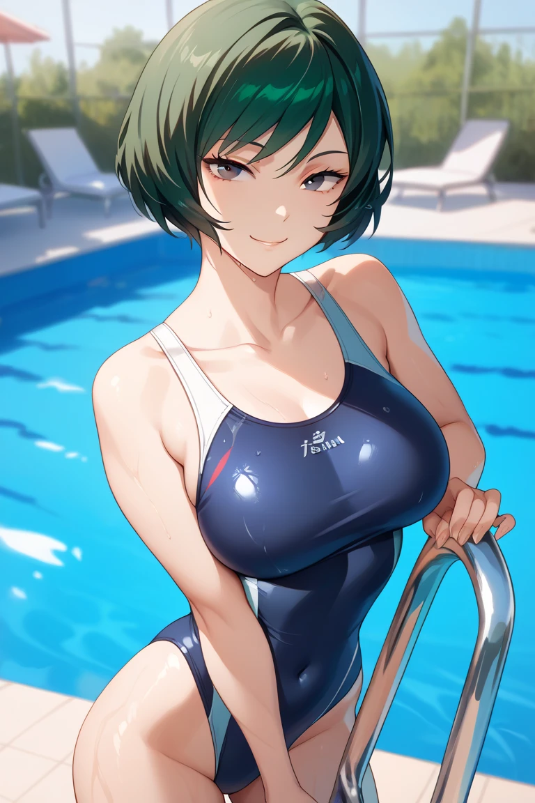 A competitive swimsuit，Short-haired female athlete wearing a swimming cap and goggles，Sit and relax by the pool