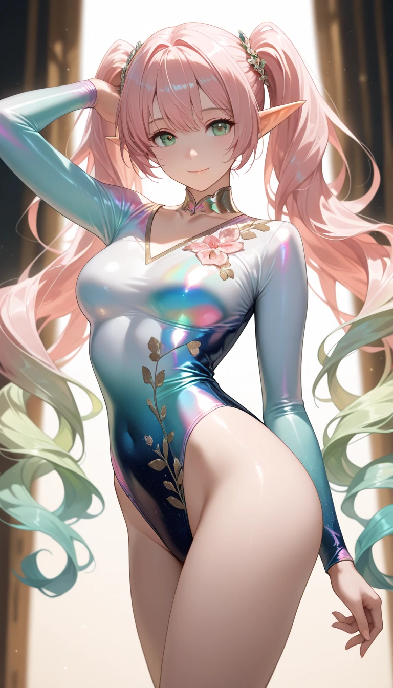 best quality, 32k, RAW photo, incredibly absurdres, extremely detailed, delicate texture, beautiful woman, short ponytail, side braided, rhythmic gymnastics, leg up, rhythmic gymnastics uniform, amorous and lewd expression, superlative body proportion, background iridescent pastel color