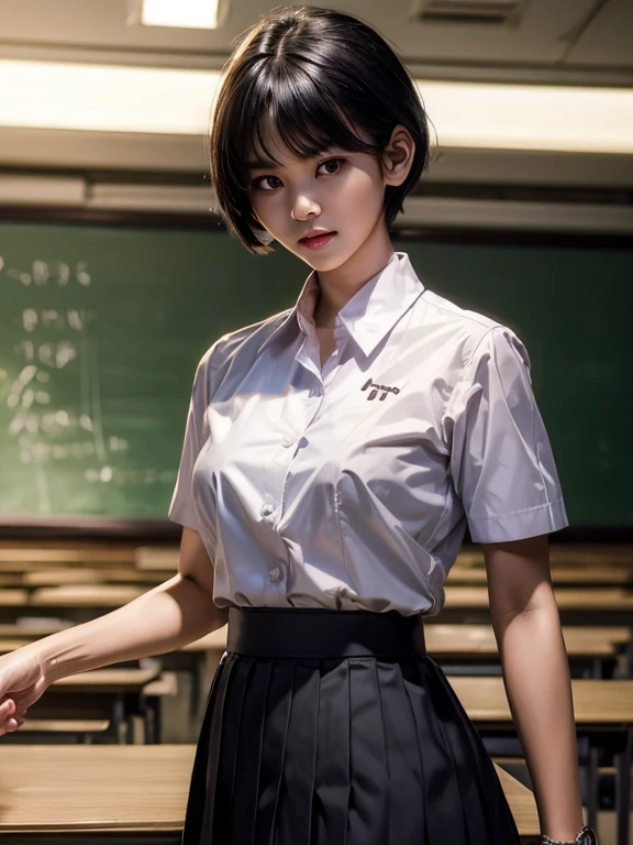 1girl, obra maestra, mejor calidad, ultra detallado, illustration, 8-year-old American girl in short skirt, con medias blancas, rubia, cabello largo, ojos finamente detallados y cara detallada) Ropa: uniforme escolar corto, anillo de bodas, Apariencia: Short black hair in a low, clean bun, maquillaje natural, (ojos morados: 1.05), gafas blancas, caderas anchas, senos masivos, seductor, maternal, mirando al espectador, curvilíneo, voluptuoso, cuerpo completo, colegiala, (8-year-old girl in short skirt: 1.1), solo, (curvy: 1.1), culo grande, muslos gruesos, milf, Classroom Fund,