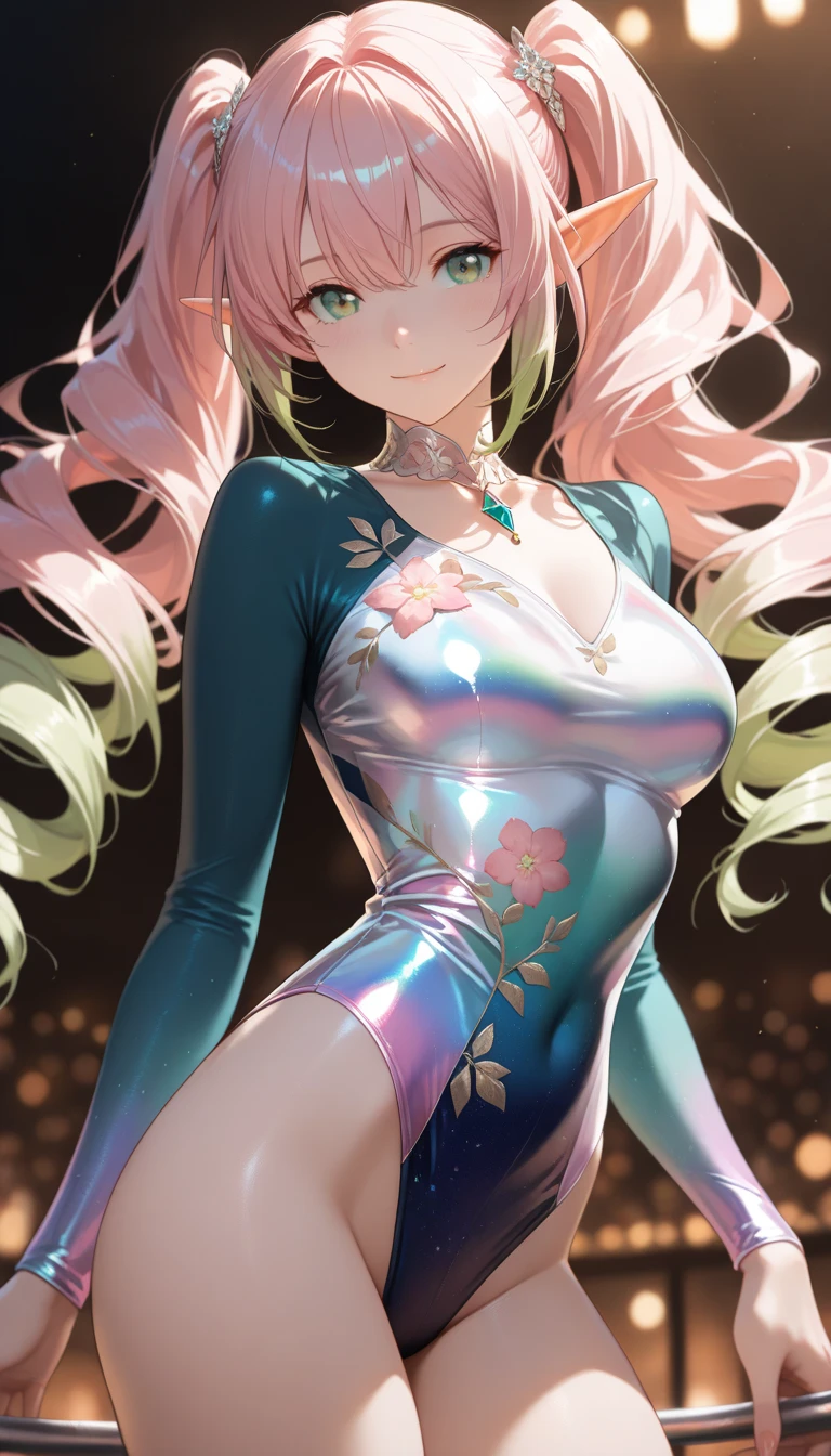 detailed textures, high quality, high resolution, high accuracy, Realism, color correction, correct lighting settings, harmonious composition. (high quality, a high resolution, Small parts), Shimmering background, (prismatic dress:1.2), Sparkling accessories, One, curvy women, Long blonde hair fluttering in the wind, graceful pose, sparkling eyes, (detailed eyes:1.2), smile, blush, Sub, oily skin, shallow depth of field, unearthly beauty, bright colors, soft lighting--ar 3:4- Niji 6