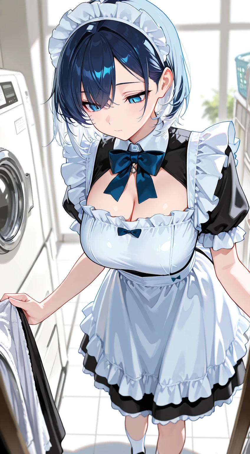Poster, article, cover, ((poster cover)), ((magazine cover)), masterpiece, Top-class, Spring Dresses, Colored Hair, magazine cover, Upper Body, 1 Girl, Maid clothes, light blue short hair, Black clothes, Maid clothes, bed, Exposed shoulders, blue eyes, hairpin, whole body, sitting on bed, ((Comb your bangs to the right))), window, sunlight, (Symmetrical eyes) magazine cover, Upper Body