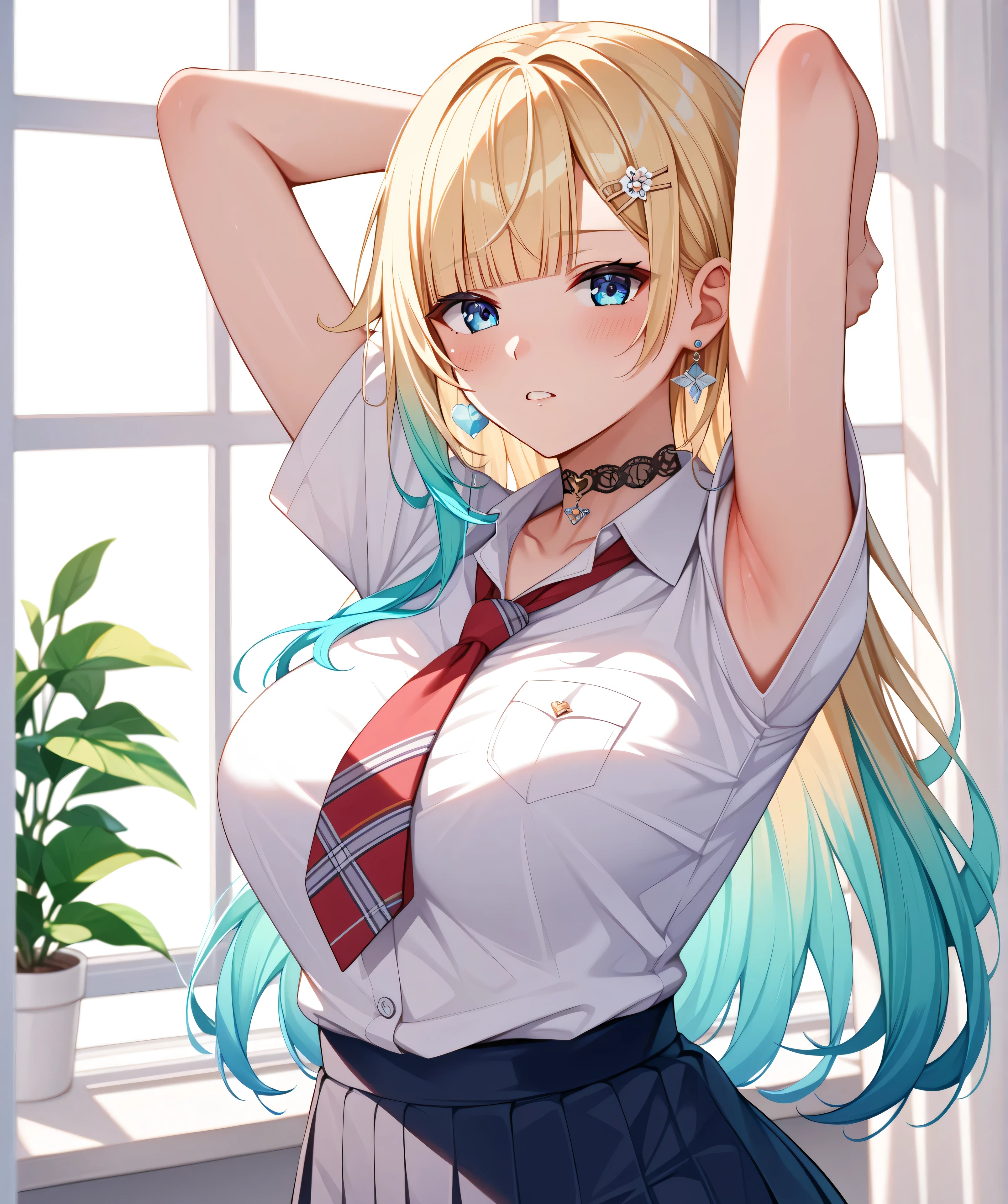 master piece、Best Quality,Super detailed,High resolution,Extremely detailed CG,Unity 8K Wallpaper,weat,score_9, score_8_up, score_7_up, score_6_up, score_5_up, score_4_up, source_anime,mature female,professional quality,aizawa ema, 1girl, virtual youtuber, blonde hair, aqua hair, gradient hair, long hair, very long hair, blunt bangs, blue eyes,hair flower, hairclip, single earring, black choker, school uniform、nsfw, ,big butt,arms behind back,arm support、arms behind head、armpit focus