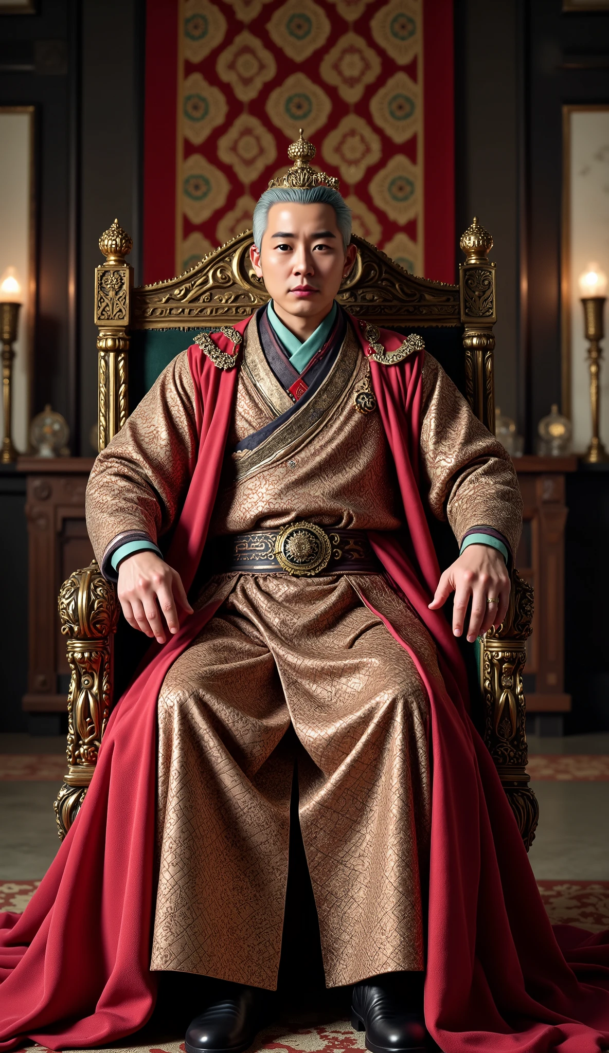  Joseon Dynasty,  A man dressed as a king and sitting in the king's seat. 