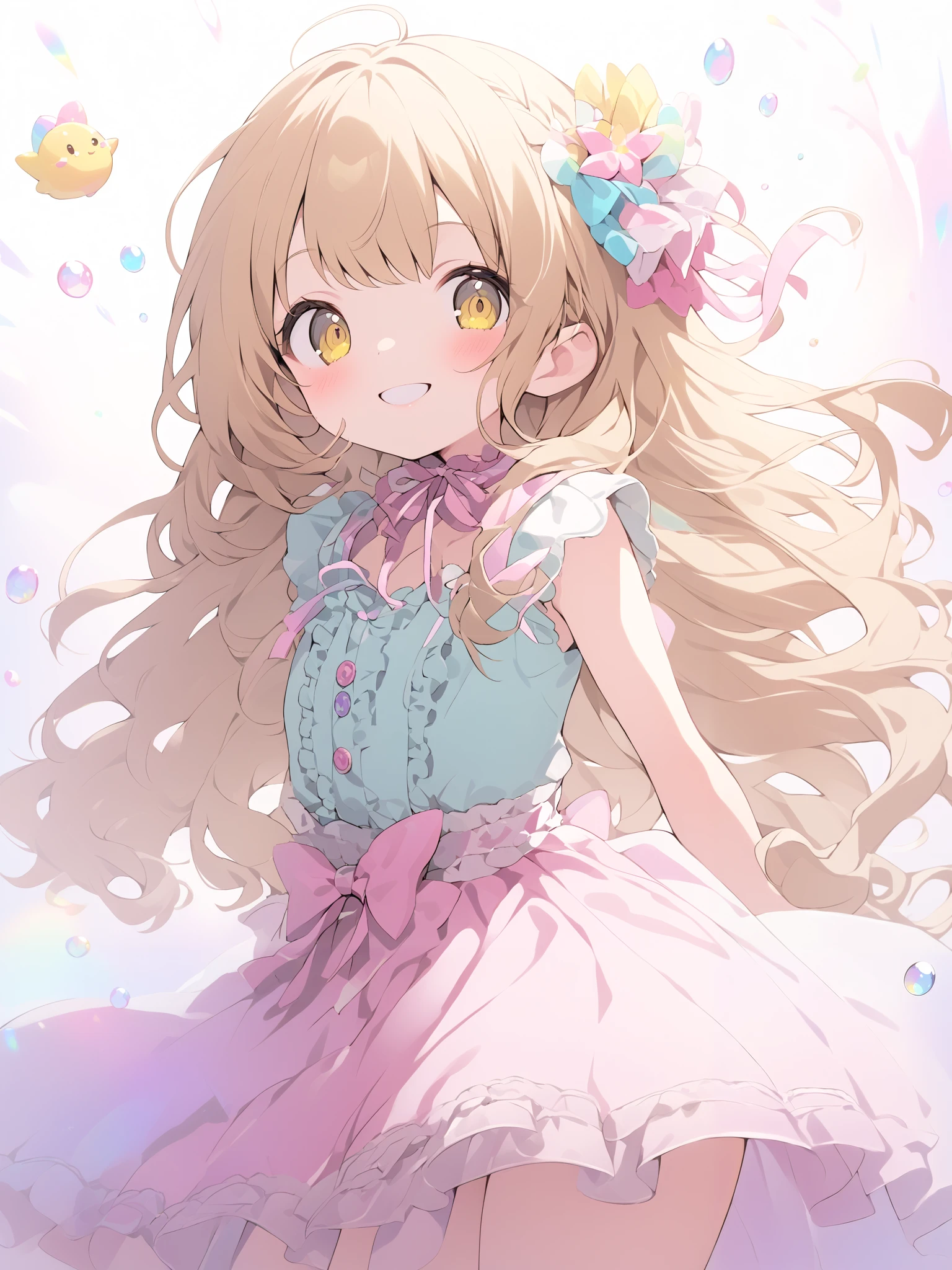 A cute and lively anime-style girl with long, golden blonde or light brown hair. She has a cheerful and playful expression, big bright yellow eyes, and an energetic aura. Her outfit is colorful and adorable, typically featuring frilly dresses, ribbons, and cute accessories. Sometimes, she wears an idol-like outfit or a casual, fun ensemble. The color scheme often includes pastel tones, especially pink and yellow, to emphasize her vibrant personality. She is expressive, often smiling widely or playfully tilting her head. The overall atmosphere is bright, bubbly, and full of energy, capturing the essence of a hyperactive and cheerful girl, best quality, masterpiece