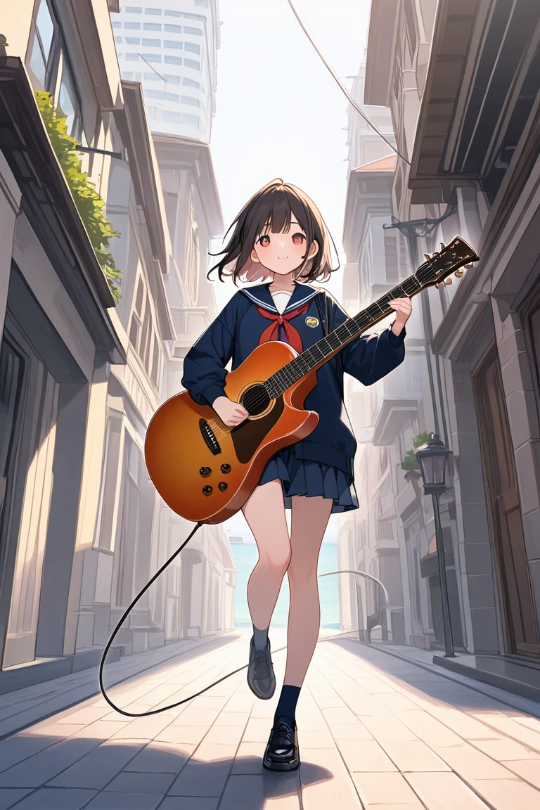 1 girl\(playing guitar on broom,high school student,Violent movements,(dynamic action:1.3),long hair braid,Black hair color,High Jump,floating hair,I'm pounding hard.,splash, sweat,The sun shines,Sailor uniform,Loafers,glasses,guitar performance,shout out loud,Close your eyes hard\), background\(The back of the school building,The audience is a cat.\),(Dynamic angle), Take a break ,quality\(8ก,Wallpaperของหน่วย CG ที่มีรายละเอียดมาก, Masterpiece,high resolution,top-quality,top-quality real texture skin,Too realistic,Increase resolution,RAW photos,qualityที่ดีที่สุด,Highly detailed,Wallpaper,movie light,radiation traces,golden ratio\), (from below:1.7),(Shoot ground level.:1.7),(from belowโดยตรง:1.7)