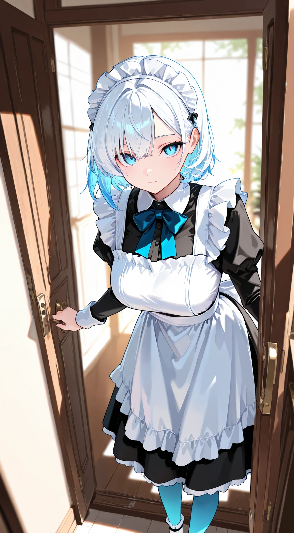 masterpiece, best quality, detailed face, detailed eyes, 1 girl, solo, beautiful, big chest, slender body, mature, light makeup, adorable, sharp eyes, closed mouth, short hair, blue hair outer, white hair inner, long side bangs, short tidy bang, vibrant blue eyes, white maid headband, classic maid dress, blue bowtie, white overknee socks, Indoor background, in front of open door, polite stand, looking at viewer, day, depth of field, bloom, soft lighting,