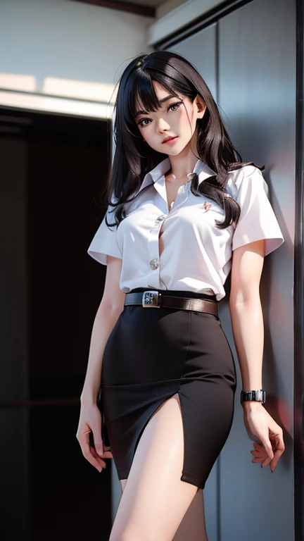 photo of a woman, cute gorgeous feminine face,((beautiful black hair, pigtails)),[asian | european], ((necktie, white shirt, low waist skirt, thighhighs):1.2), (smug, horny), ((cowboy shot, waist, hips, thighs):1.2),((walking, office, hallway):1.2),((red lipstick,heavy eyeliner, heavy eye shadow, blush):1.2), ((best quality, masterpiece, extreme details, high resolution):1.2),((detailed eyes, beautiful eyes, detailed face, beautiful face):1.2), <lora:nicetits-06:0.6>, nicetits, perfect breasts