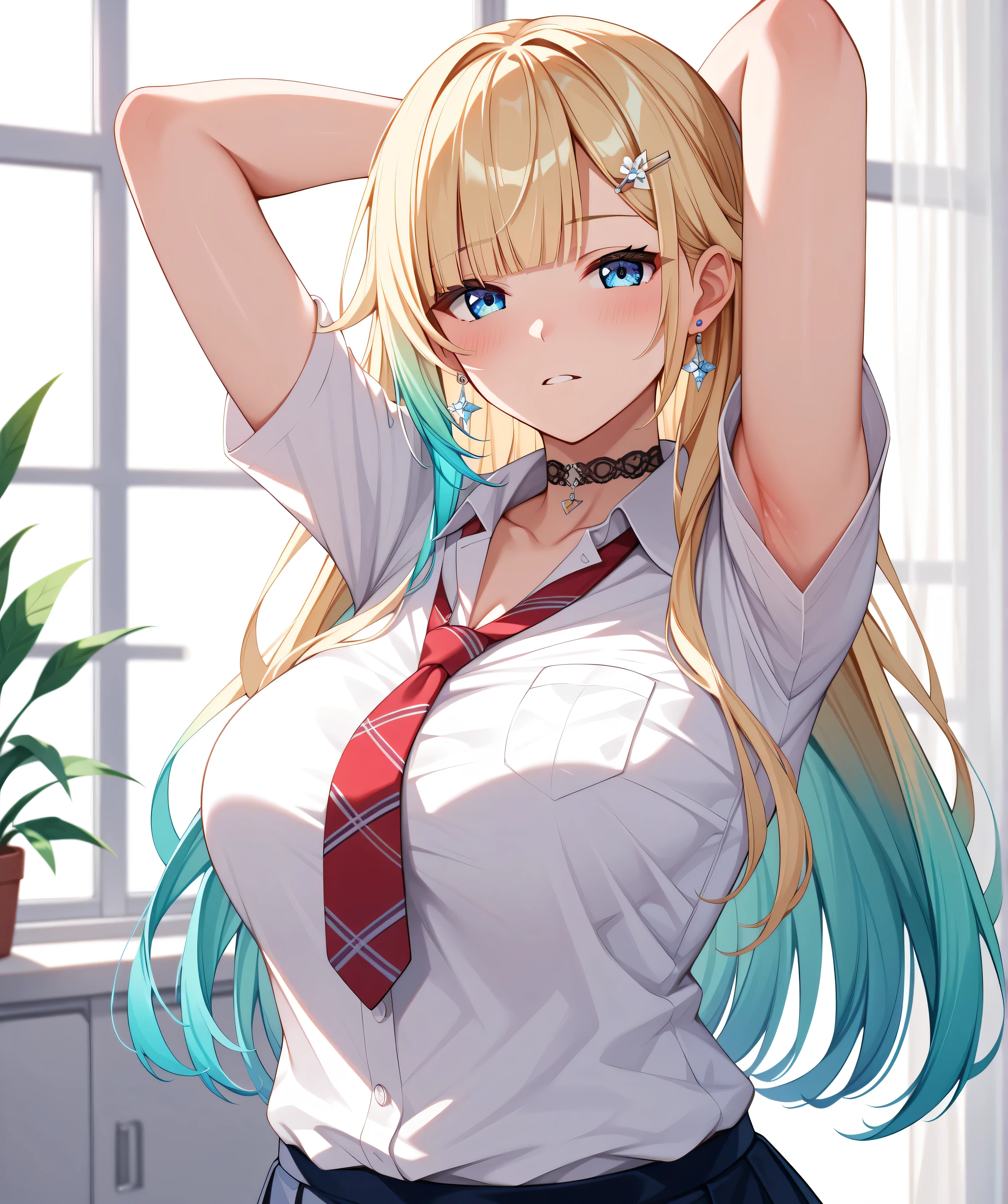 master piece、Best Quality,Super detailed,High resolution,Extremely detailed CG,Unity 8K Wallpaper,weat,score_9, score_8_up, score_7_up, score_6_up, score_5_up, score_4_up, source_anime,mature female,professional quality,aizawa ema, 1girl, virtual youtuber, blonde hair, aqua hair, gradient hair, long hair, very long hair, blunt bangs, blue eyes,hair flower, hairclip, single earring, black choker, school uniform、nsfw, ,big butt,arms behind back,arm support、arms behind head、armpit focus