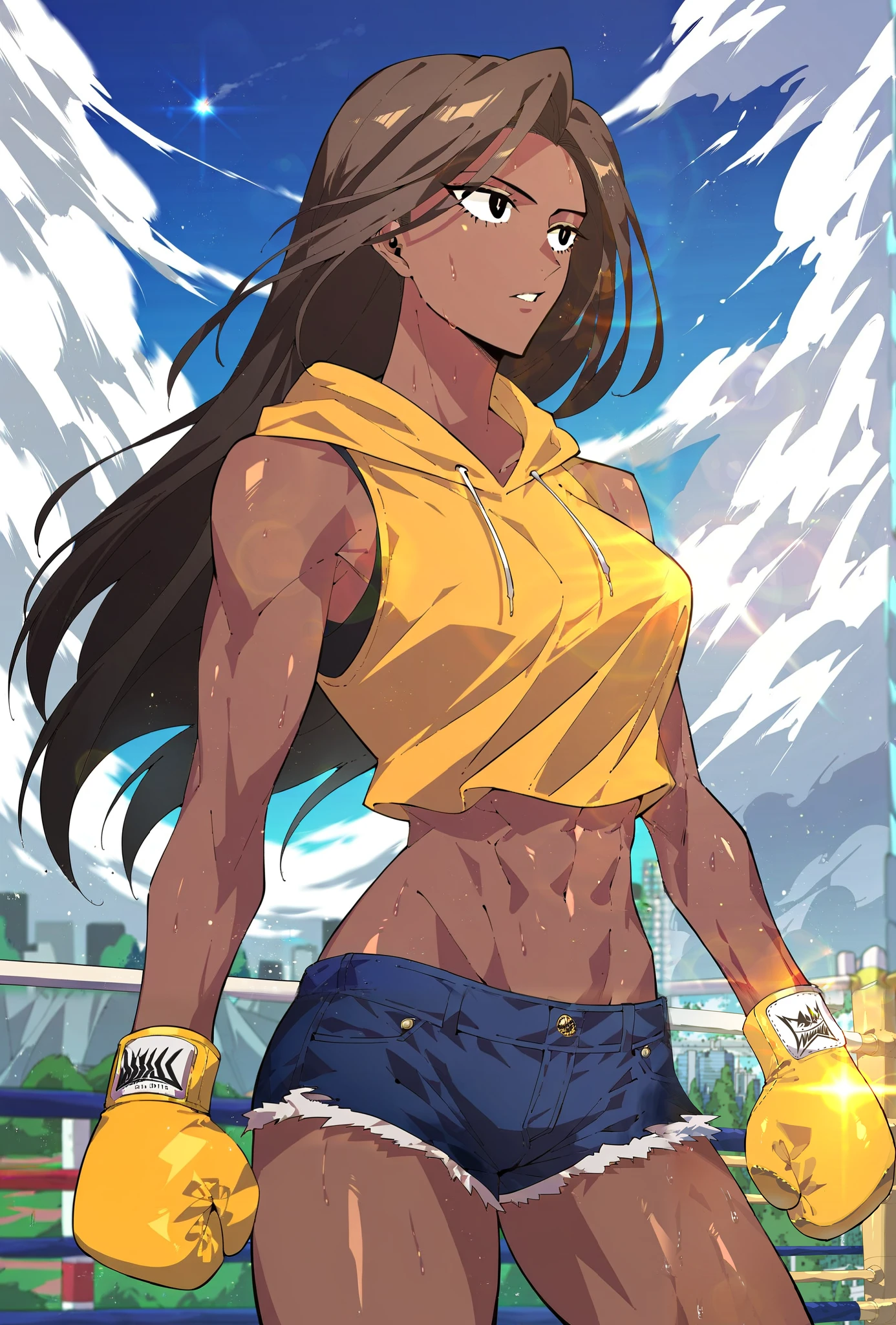  1 girl, zoom in the face, action pose,very detailed face, very detailed eyes,  Tan skin, dark skinned, tomboyish, tomboy with abs, revealing her slim abdomen ,short hair , brown hair, brown eyes, big breasts, sports bra , escrito "Brasil" no sutiã, underboob, clothes blue and yellow, 1 sharp tooth, open mouth smile, sweat short, shorts fluffy, full body, shot face, blushing a little, teenage, teen girl, 3D GUILTY GEAR STYLE RENDER, anime style art,

