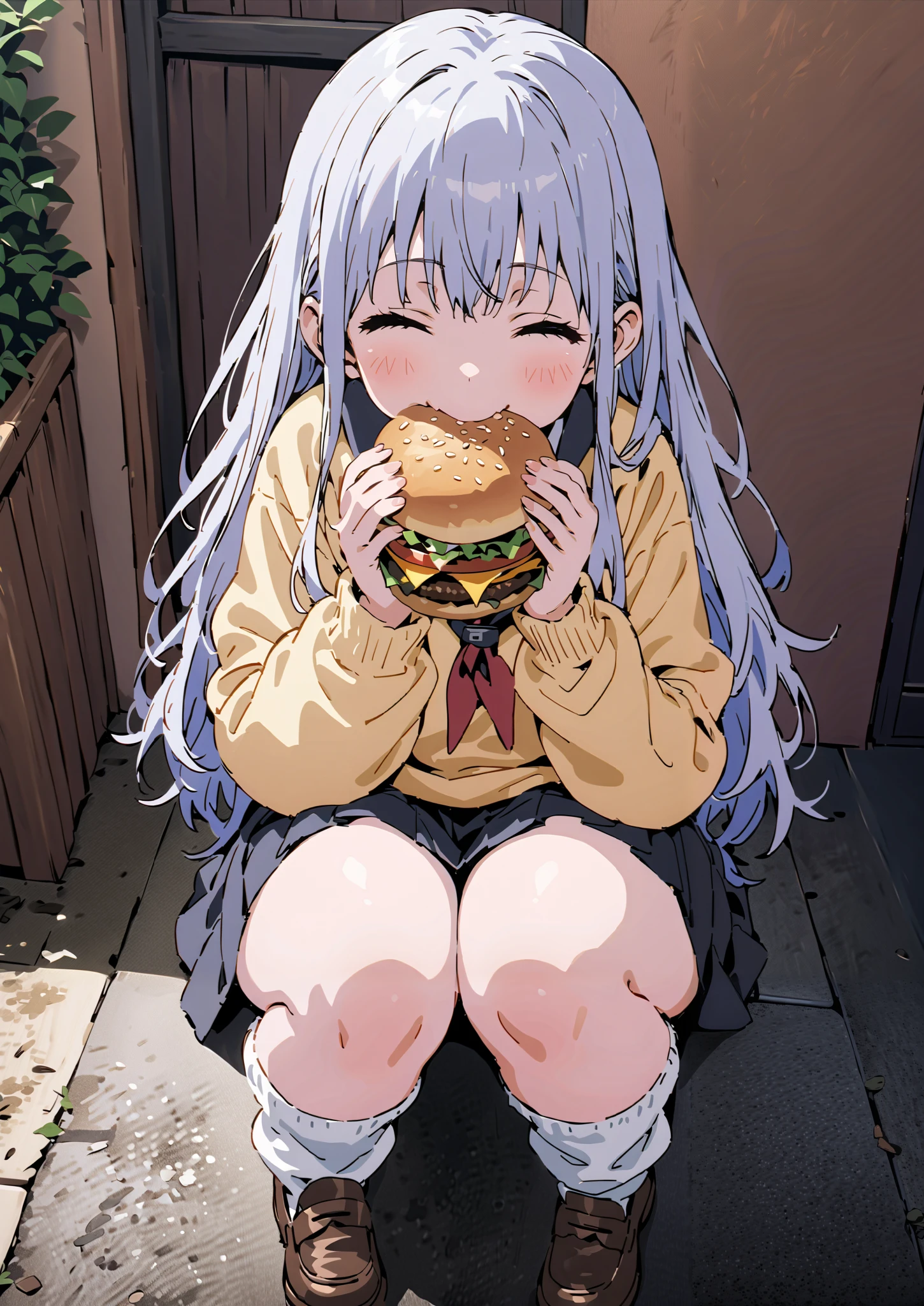 Prohibited bibliography, both eyes,  Silver Hair, long hair, smile,blushes,Black sailor suit, yellow cardigan ,black pleated skirt,white high socks,loafers,white leg warmers sitting on a plump, holding a hamburger with both hands,eating hamburger,noon,School building,full bodyがイラストに入るように,break outdoors,courtyard,
full body,
break (masterpiece:1.2),top quality , kampala, Unity 8K Wallpaper ,(shape:0.8),It's a person ,full body写真,CG Details , (perfect hands,complete anatomy),