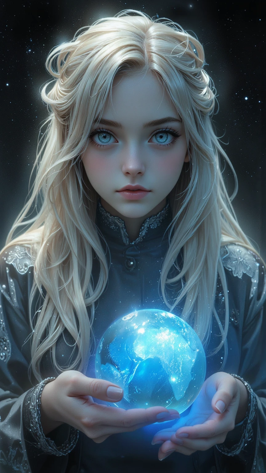 14 YEAR OLD CHILD GIRL WITH SUNGLASSES, WITH PLATINUM HAIR WITH LONG BUN, holding a blue ball in her hands with smoke enveloped by lightning and a dark transparent blue, super realistic coming out of it,.crystal ball, holding a crystal ball. (Blackholeengine:1)