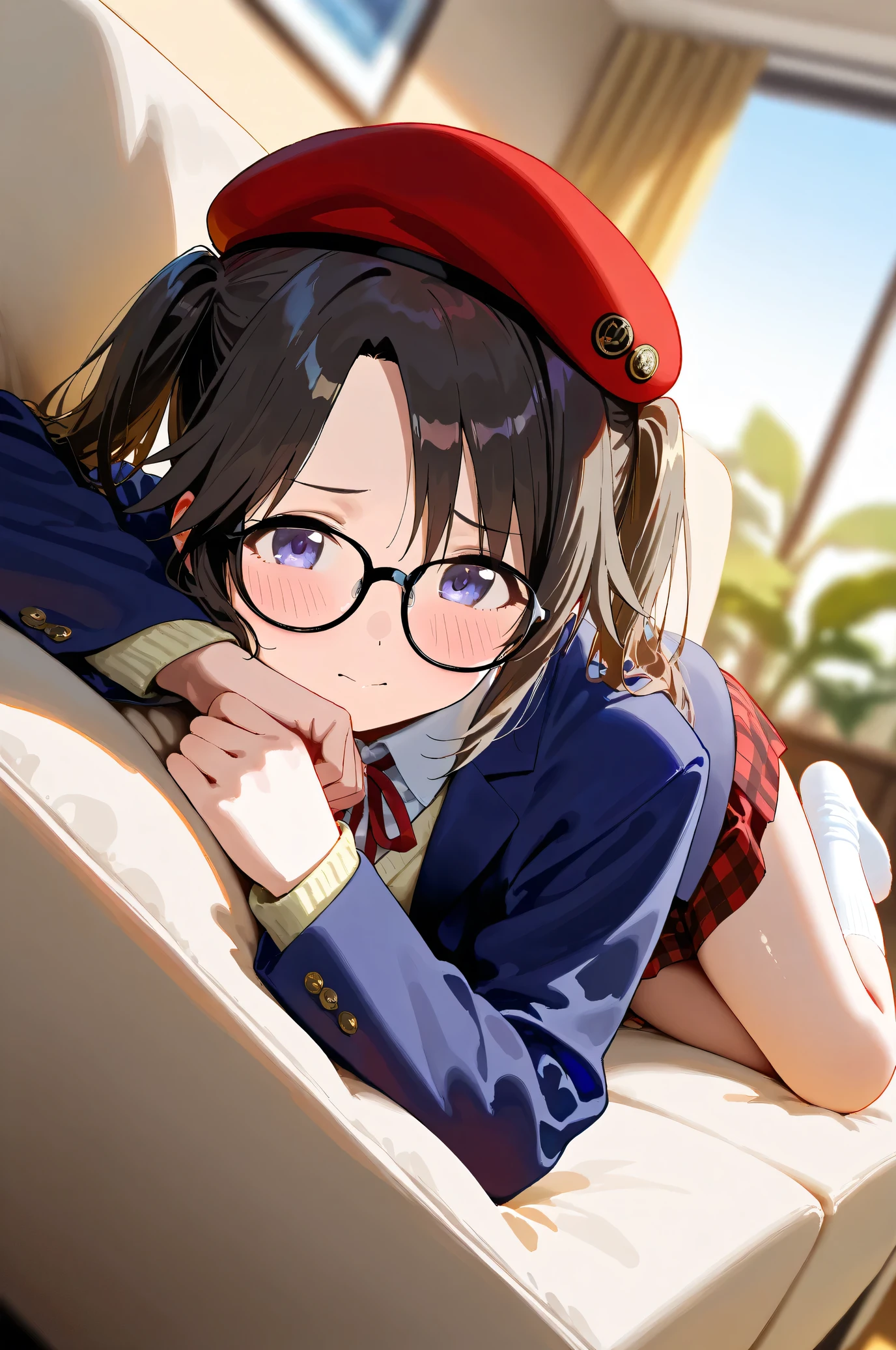 (Masterpiece), (Highest quality), (Very detailed),
(The best shape), (Best shadow), (Absurd),
(Detailed Background), (So beautiful), Shiny,
Extraordinary, Countershading, 8k, 32K, High resolution,
Very Detailed CG, UHD,
Score_9, Score_8_up, Score_7_up, Source_anime,
(Pastel painting:1.2), (Watercolor painting:1.2),
(Masterpiece, Detailed:1.2), (Foreshortening:1.2),
Cinematic, Dramatic, (Depth of field:1.4),
(Blurry background:1.4), (Realistic background:1.4),
dynamic angle,
1 girl, Solo,
lndoor, Living room, Sofa, Light brown sofa, Cushion, Evening,
Mitsumine Yuika,
the idolmaster shiny colors,
yuikamitsumine, 1girl, Solo, Black hair, Long hair, Twintails, High twintails,
Casual wear,
Beret, Red beret, Glasses, Black framed glasses,
Blazer, Open blazer, Long sleeves blazer, (Indigo blazer:1.2),
Cardigan, Red ribbon,
Skirt, Mini skirt, Red skirt, Checkered Skirt,
socks, Knee-high socks, White socks,
(Blush:1.3),
Asleep, Happy,
Lying on the sofa,
Focus on face,
Realistic skin,
Shiny skin,