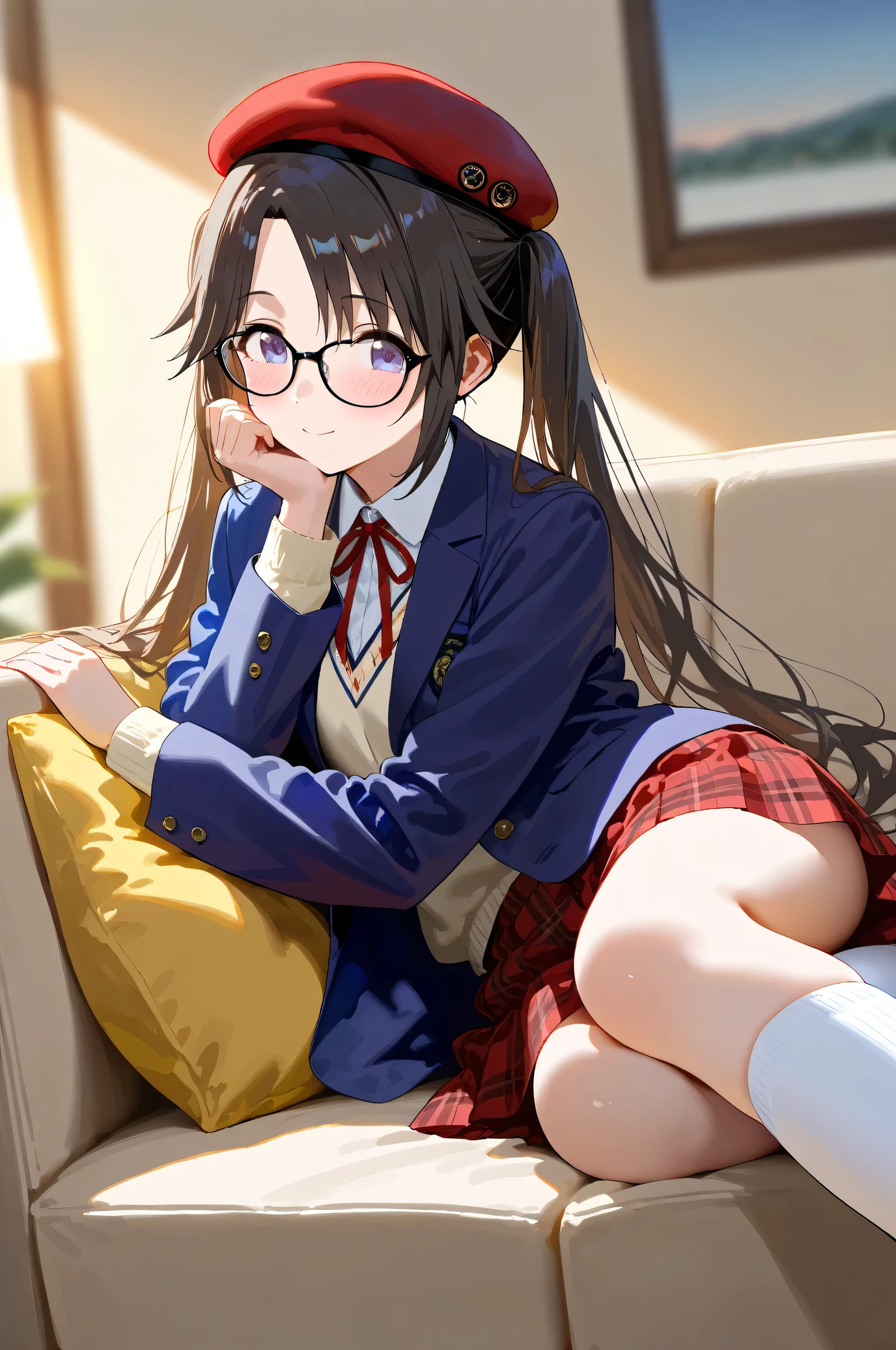 (Masterpiece), (Highest quality), (Very detailed), 
(The best shape), (Best shadow), (Absurd), 
(Detailed Background), (So beautiful), Shiny, 
Extraordinary, Countershading, 8k, 32K, High resolution, 
Very Detailed CG, UHD,

Score_9, Score_8_up, Score_7_up, Source_anime, 
(Pastel painting:1.2), (Watercolor painting:1.2),
(Masterpiece, Detailed:1.2), (Foreshortening:1.2),

Cinematic, Dramatic, (Depth of field:1.4), 
(Blurry background:1.4), (Realistic background:1.4), 
dynamic angle,
1 girl, Solo,
lndoor, Living room, Sofa, Light brown sofa, Cushion, Evening,

Mitsumine Yuika,
the idolmaster shiny colors,

yuikamitsumine, 1girl, Solo, Black hair, Long hair, Twintails, High twintails,

Casual wear,
Beret, Red beret, Glasses, Black framed glasses,
Blazer, Open blazer, Long sleeves blazer, (Indigo blazer:1.2),
Cardigan, Red ribbon,
Skirt, Mini skirt, Red skirt, Checkered Skirt,
socks, Knee-high socks, White socks,

(Blush:1.3),
Asleep, Happy,
Lying on the sofa,
Focus on face,
Realistic skin,
Shiny skin,