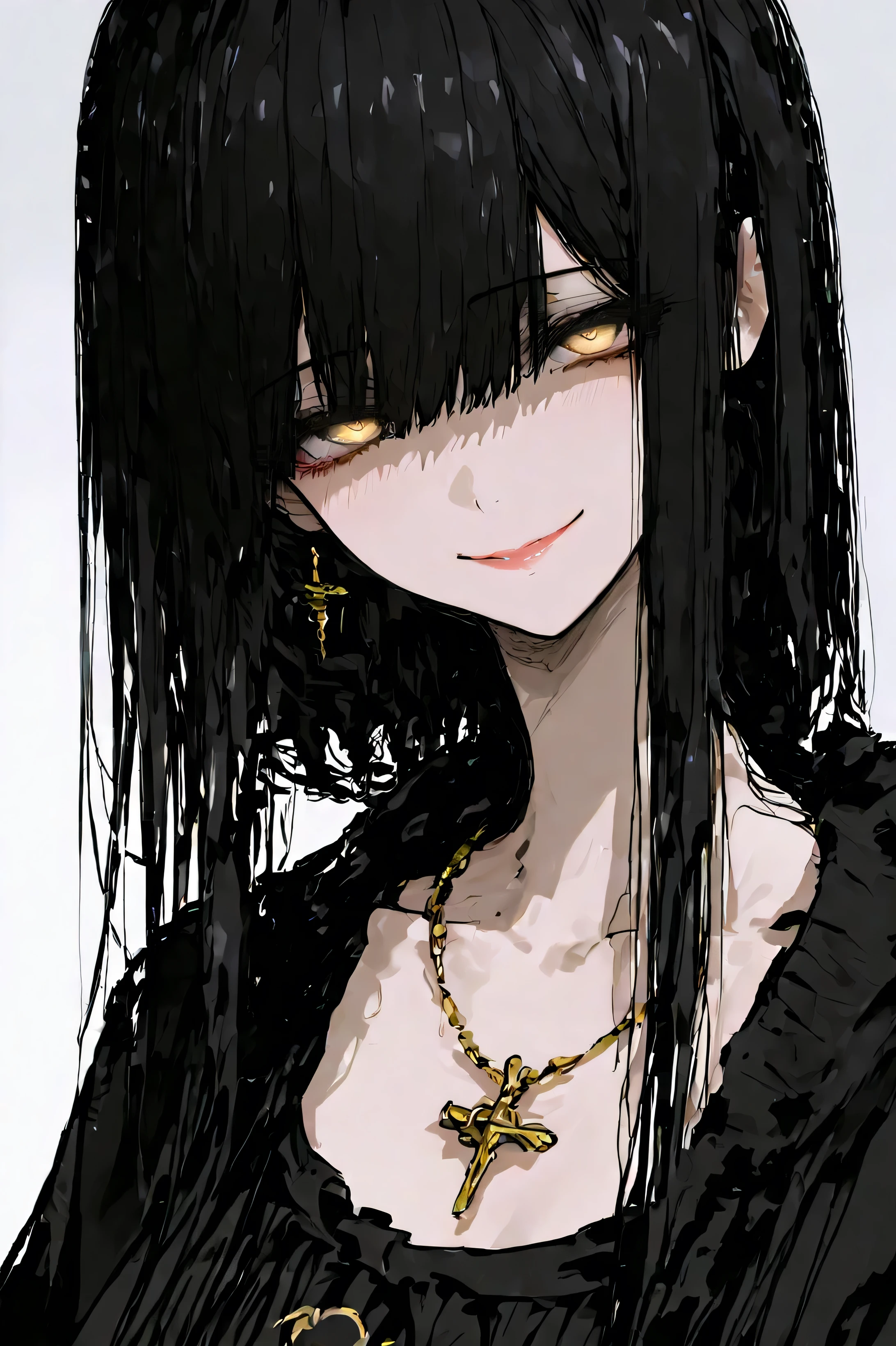A mesmerizing portrait of a female japanese teacher with long black hair and a beautiful but sinister smile she has golden eyes and a busty chest