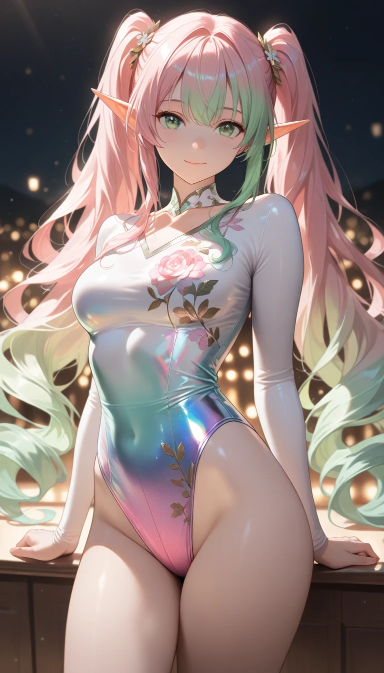 highquality illustration, masterpiece, very delicate and beautiful, attractive girl,(gymnastics leotard, Floral patterns leotard,long sleeve leotard with glittery decoration,high_leg leotard,athletic leotard,tight-fit leotard,iridescent gradient leotard,long-sleeve leotard),thin,slender body,slim,high school,gymnasium background,gymnastics club,gymnastics athlete,princess, beautiful eyes,light smile,(masterpiece, best quality:1.2), highres, extremely detailed CG unity 8k wallpaper, perfect lighting, Colourful, ultra-high res,4K,ultra-detailed, photography, 8K, HDR, 17 ages,cowboy shot,