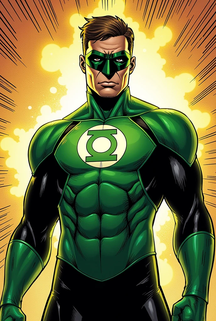 Green Lantern, Hal Jordan, full body shot, face of a 30s, tall, hunk, lean muscle, short hazel hair, neon green and black suit, light neon green lantern logo on the chest, best quality, masterpiece, high resolution, green ring on his right middle finger, dark green eyes mask, straight face, detailed face, detailed suit