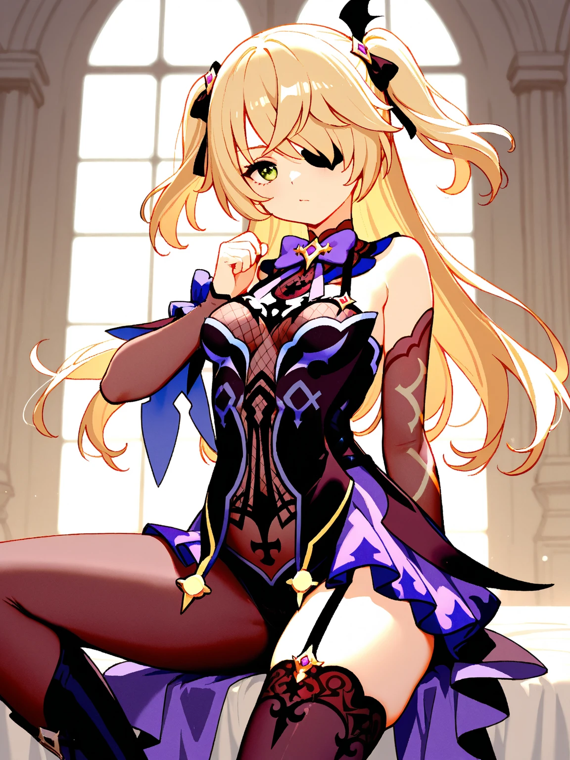 (Highly detailed CG), (Highest quality),(full body),(( Squat,Spread your legs,Strike a Pose)),1 Girl,alone, Grey Eyes,Long Hair, Blonde,Purple Dress,Wide white sleeves,Purple ribbon,Purple Stockings,hair ornaments,Bare shoulders,Removed sleeve, Black gloves, Blunt bangs, Magical girl, Perfect Face, Shiny skin, Shiny skin, Wide Hips,Tight waist,Knee-high boots,Elbow Bag,1 Girl, Long Hair, Big Breasts,Thick thighs,sunset,Octane,