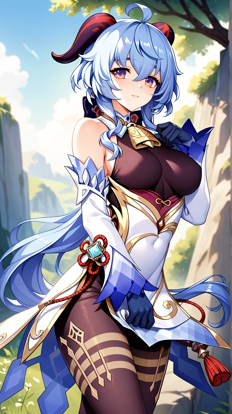 Una obra maestra, Muy detallado, ultra detallado, solo:1.6, female, long dark blue hair, straight hair, golden eyes with slit pupils, white scales on arms, large breasts, tall, elegant dress, priestess, gentle smile, stone temple outdoors, clawed hands, tail, draconic horns, fall forest, close up, wide smile, parted lips, long thick lashes, half lidded eyes, saintess, medieval habit, glorious conservative clothes
