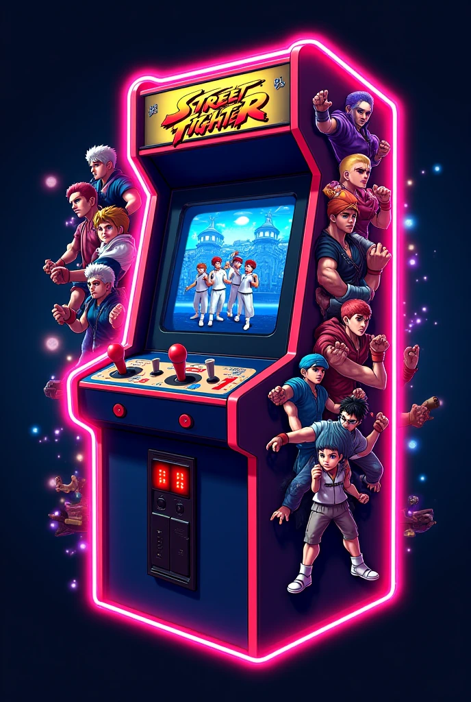 (best qualtiy, tmasterpiece), The popular arcade arcade machine of the 90s, A handsome little boy passionately playing Street Fighter fighting games, He stands in front of an arcade machine with a color display, Showcase the game's exciting visuals. There is a strong sense of nostalgia in the air. The arcades are brightly lit, The walls are decorated with classic game posters and three-dimensional models of game characters, The little boy holds the joystick of the arcade, Manipulate his character quickly and skillfully, Gorgeous combinations and skills are displayed on the screen, (Fang, Anime style, Wide shot, Sideways, 8K, Super detail, ccurate, Best quality, Anatomically correct, A high resolution)