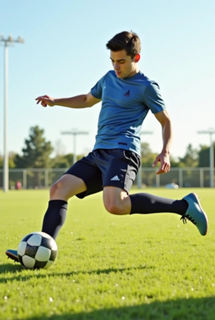 guy, soccer player, 25 years old, Peruvian nationality, full-length, in motion, kicking a soccer ball with one foot, arms out to the sides, wearing a white T-shirt and white shorts, excellent quality, excellent quality, athletic body , high detail, side view