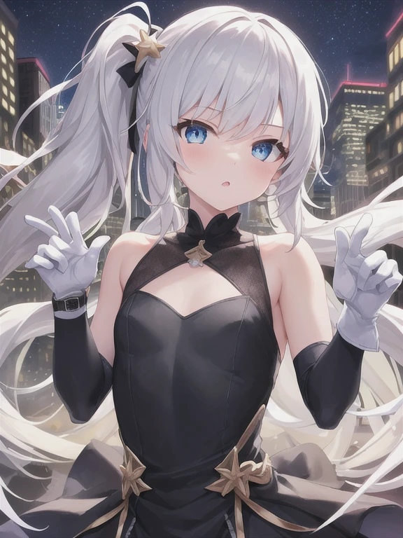 masterpiece, 4K, (lens flare:1.4), (wind:1.4), city, a girl, maid, happy, smiling, making a peace sign, looking at viewer, hair bun, streaked hair ((black and purple)), green eyes, pale skin, slender, maid, purple bowtie, off shoulder, thighhighs, 20-year-old, in the city, with a starry sky, at night, kawaii, cowboy shot