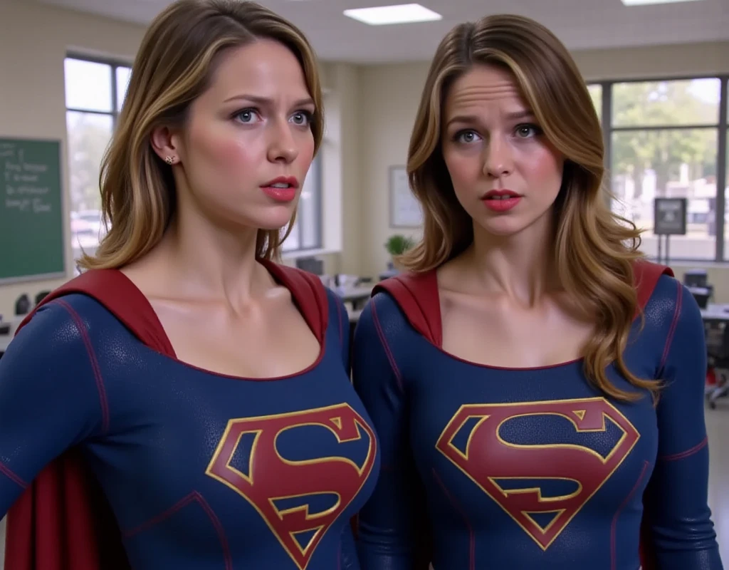 Super Melissa McCarthy(big fat woman; powerful; trusting; higher) 2007 (((Woman defined body strong and firm large breasts; Supergirl 1984s costume dress))) as Supergirl(((Filme da Supergirl de 2007 de Melissa McCarthy))); floating in mid - air.