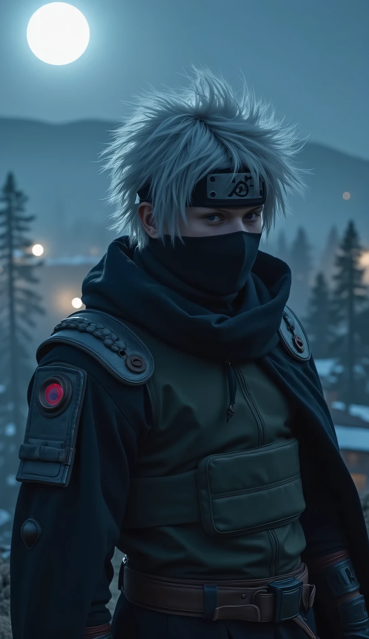 An enigmatic warrior with disheveled silver hair, with a headband covering one of his eyes and a black mask hiding half of his face, is standing on top of a mountain under moonlight. Your only visible eye shines with the Sharingan activated, while his cloak flutters in the cold night wind. He wears modern ninja armor, with metal plates reinforcing his shoulders and tactical gloves. In the background, a hazy valley hides a secret villa among the trees, with flashlights emitting a soft light. mystical atmosphere, Extreme Realism, cinematic lighting, clothing, 8k.