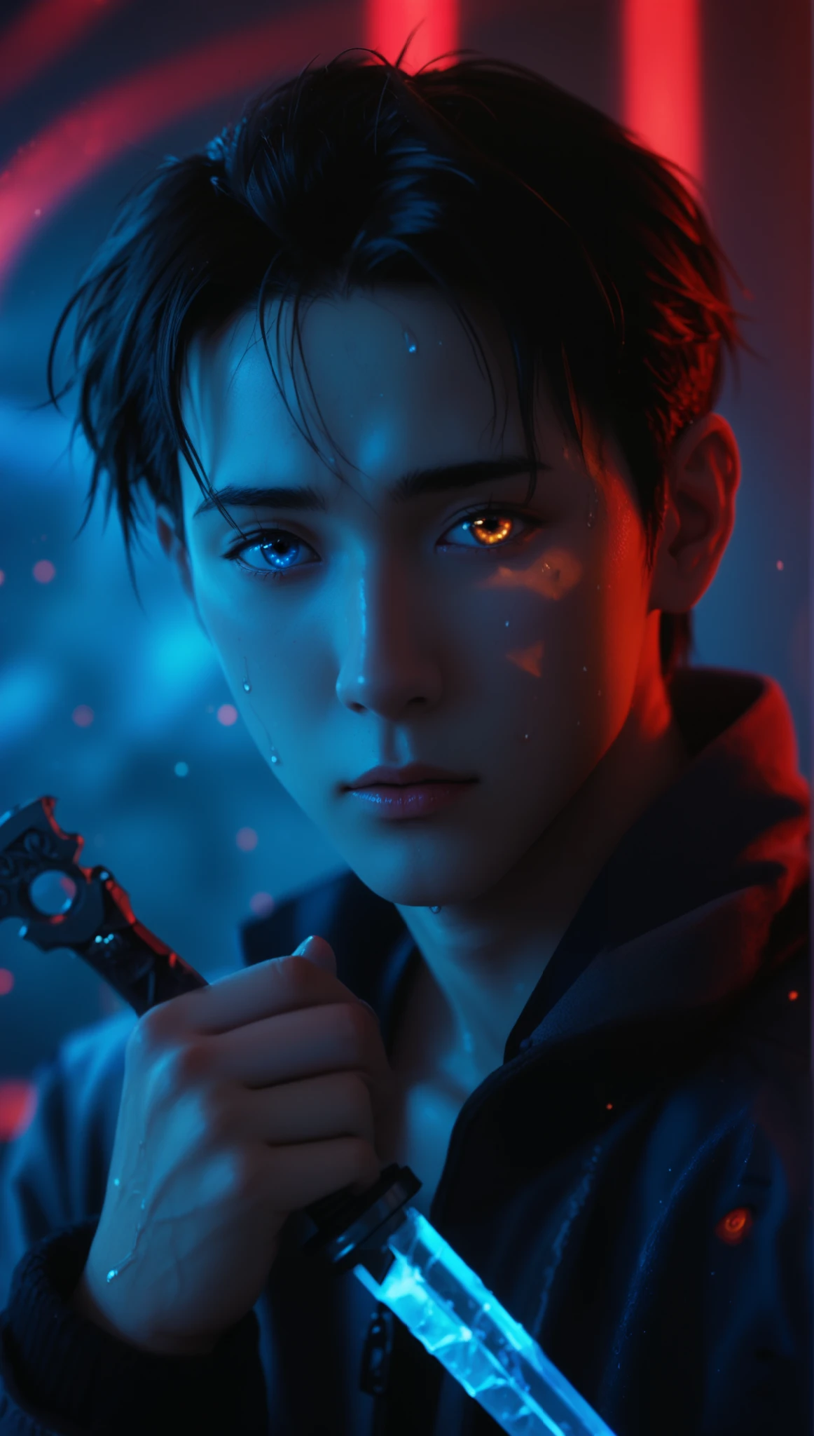 1man, 1boy, korean, asian, A hyper-realistic cinematic portrait of Sung Jin-Woo from Solo Leveling, half of his face illuminated by a cold blue glow while the other is bathed in a menacing red light. His piercing blue eye glows ominously, while the other eye reflects a fiery amber hue, symbolizing his duality between human and shadow monarch. Blood splatters across his face and neck, mixing with sweat, emphasizing the aftermath of an intense battle. He holds a dagger tightly in his hand, the blade reflecting the eerie neon lights around him. His black hair is slightly damp, strands falling over his forehead, adding to his intense expression. The background is a dark, abstract space with ethereal red and blue energy swirling around, creating a dramatic and otherworldly atmosphere. The composition follows a tight close-up shot, with a shallow depth of field, drawing all attention to his intense gaze and glowing elements. Shot with a Canon EOS R5, 85mm f/1.2 lens, high-contrast cinematic lighting, ultra-HD 8K resolution, photorealistic rendering, HDR effects, cyberpunk-inspired color grading, ultra-sharp focus --ar 16:9 --v 6 --style raw --q 2 --stylize 750
