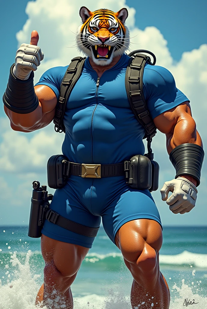 Allad man in khaki clothes standing on the sunny seashore, American round head, Buzz cut, tall and burly, muscular male hero, heroic male pose, muscular! Wearing black sunglasses, spandex tight high elastic bodysuit, symmetrical floral design, super buff and cool, high resolution committee, character design police, black military boots, attractive strong male with spandex tight high elastic bodysuit, weaving hot sunlight on the body