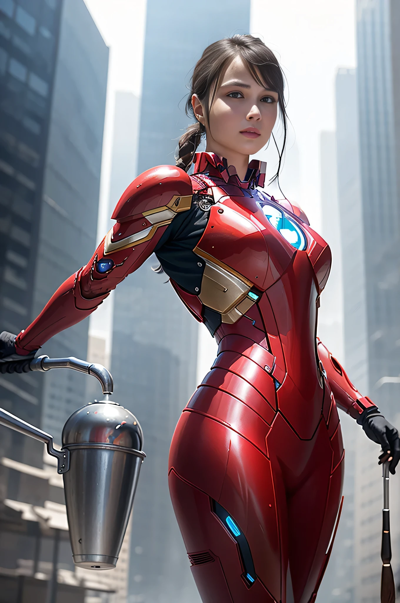 born, masterpiece, Ultra-fine photography,, 最 high quality, super high resolution, photorealistic, sunlight, full body portrait , amazingly beautiful ,, dynamic pose holding a ladle, delicate face, Bright eyes, ( side view) , she wears a futuristic Iron Man mecha, detailed background , detail face , Detailed busy background, Messy, nice, Milky, high definition skin, REALISTIC SKIN DETAILS , I can see my pores , sharp concentration, volume fog , 8K HD Streaming, DSLR, high quality, film grain, white skin, photorealism , Lomography , A vast metropolis in a futuristic dystopia , view from below , translucent