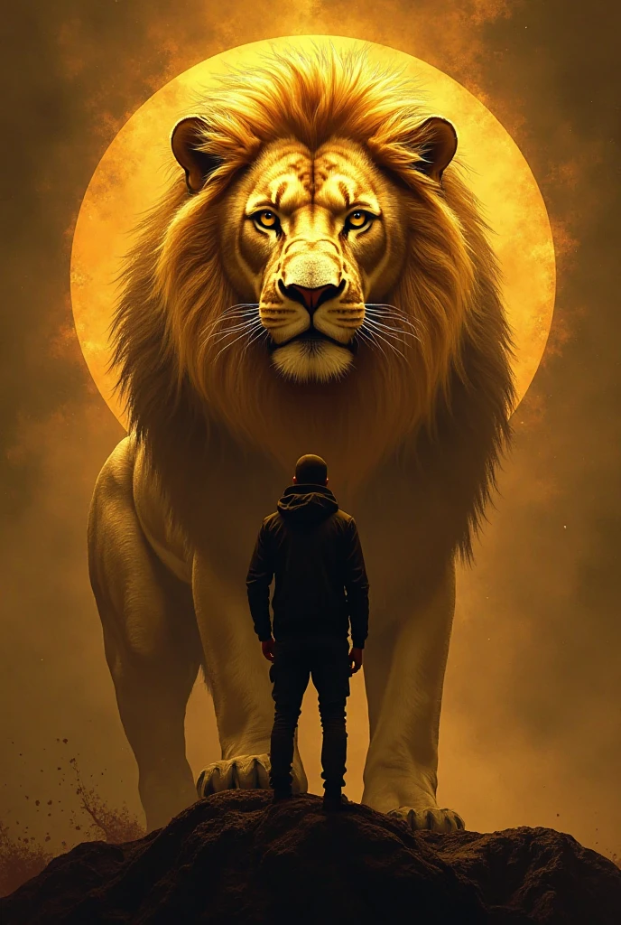 Soldier with his back turned praying and lion with fiery mane behind white background