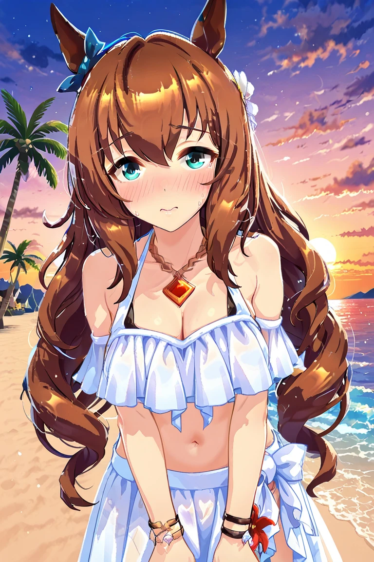 daiwa scarlet\(Umamusume\), super detailed face, masterpiece, highest quality, light smile, blush, wave hands, ((super detailed face)), slender girl, whole body, (((In underwear))),horse tail, light smile, fine and clear eyes, (big breasts),(bra),(panties),