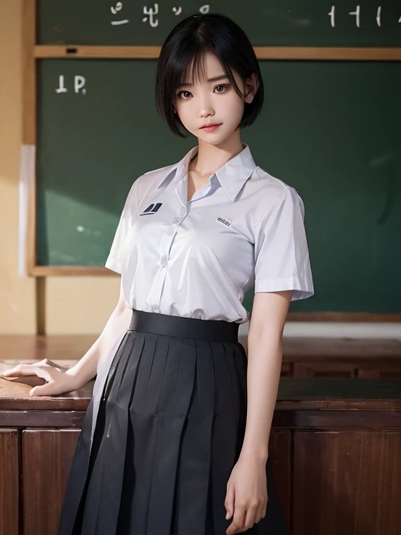 Highest quality、Realistic、、Japanese、zoom、Girl、Middle school students、cute、classroom、Grey Eyes、Light brown hair、ponytail、White short-sleeved open-collar shirt、Grey pleated skirt、thin、Small breasts、Small breasts、Cowboy Shot