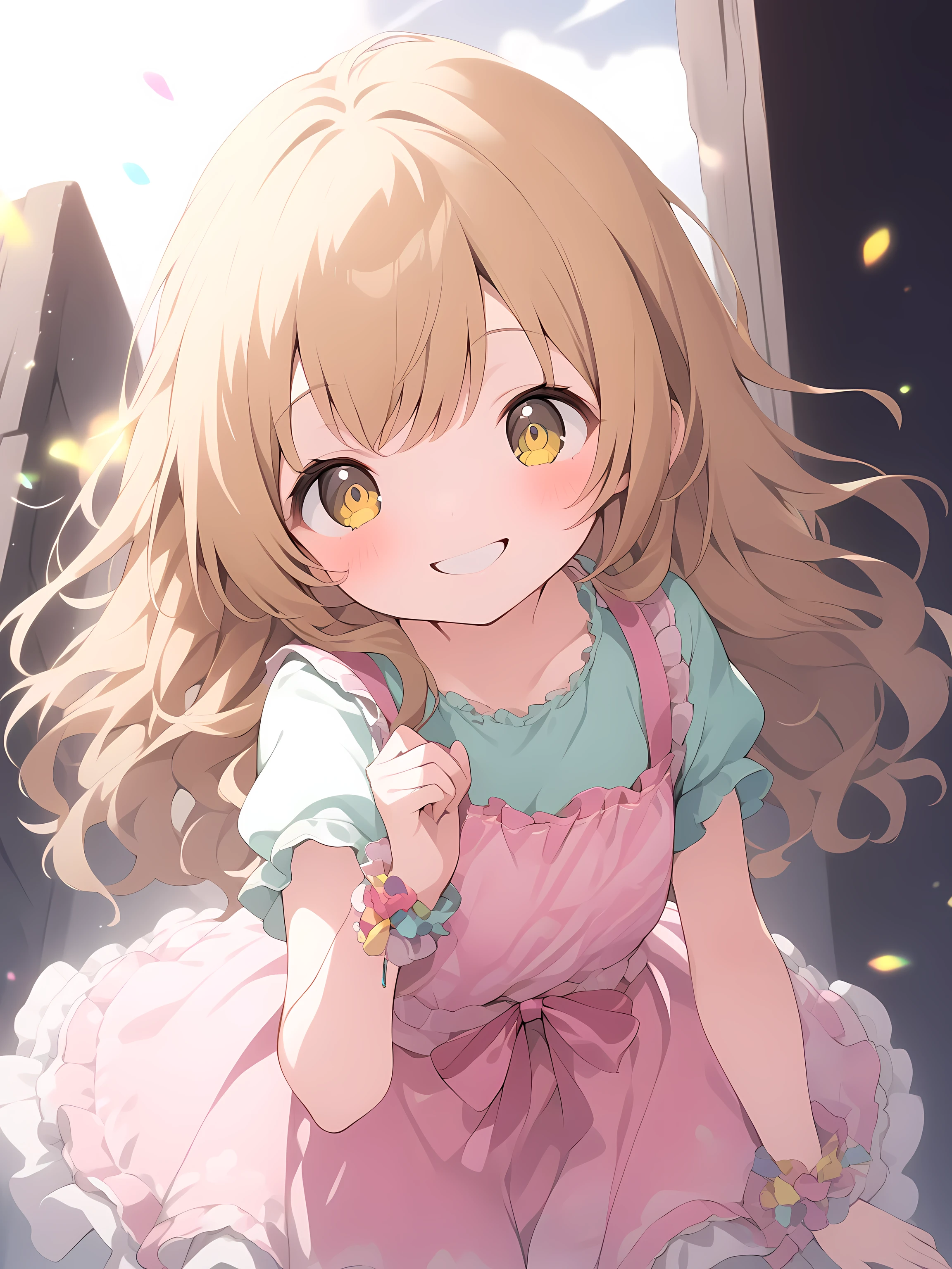 A cute and lively anime-style girl with long, golden blonde or light brown hair. She has a cheerful and playful expression, big bright yellow eyes, and an energetic aura. Her outfit is colorful and adorable, typically featuring frilly dresses, ribbons, and cute accessories. Sometimes, she wears an idol-like outfit or a casual, fun ensemble. The color scheme often includes pastel tones, especially pink and yellow, to emphasize her vibrant personality. She is expressive, often smiling widely or playfully tilting her head. The overall atmosphere is bright, bubbly, and full of energy, capturing the essence of a hyperactive and cheerful girl, best quality, masterpiece
