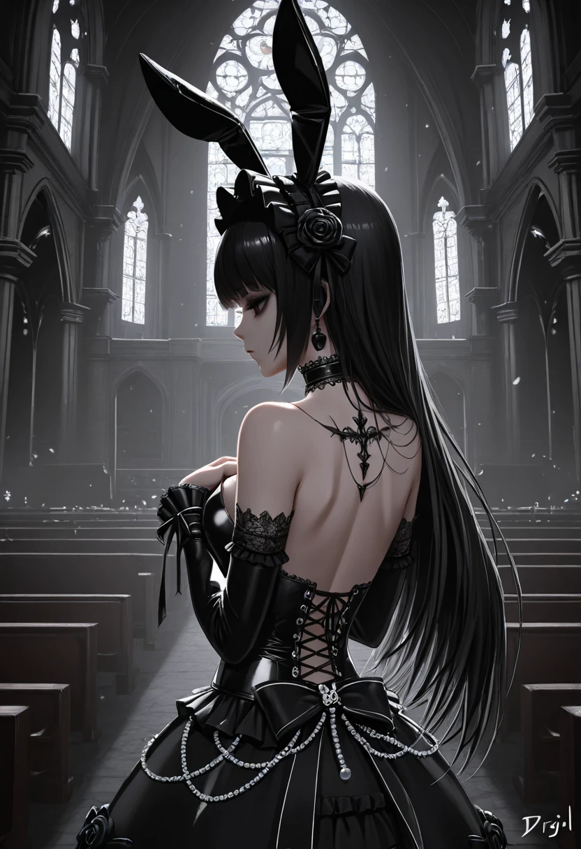 Official Art, Unity 8k wallpaper, ultra-detailed, beautiful, beautiful, ((New Goth gal:1.4)), masterpiece, best quality, dark, atmospheric, mystical, romantic, creepy, literature, art, fashion, victorian, decoration, intricate, ironwork, lace, contemplation, emotional depth, supernatural, 1 girl, solo, hip, , Dancing lightly. backwadrs, Looking back. Very sexy, with chin resting on shoulder