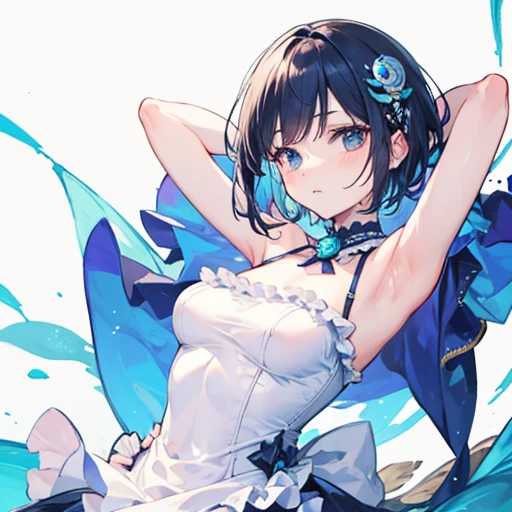 Blue transparent silk dress,splatter effect,Like water,teens girl,There is a navel,Nice looking smooth belly