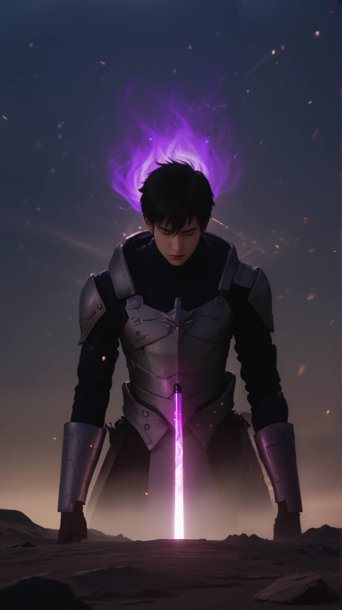 1man, 1boy, sung jin woo, , A hyper-realistic cinematic depiction of Sung Jin-Woo from Solo Leveling, standing in the center of a vast, ethereal battlefield. His figure is surrounded by swirling, shadowy energy, crackling with intense violet and purple flames, emanating from his body like a dark aura. His eyes glow menacingly under his tousled black hair, casting a terrifying yet powerful presence. His shadow armor is sleek and battle-worn, engraved with intricate patterns that reflect the pulsating purple light. A massive energy sword descends from the heavens, aligning perfectly with his body, illuminating the scene with a divine yet ominous radiance. The ground beneath him cracks and rises, as if his power is warping reality itself, with embers and debris floating around.
The background features a grand, futuristic hall with towering walls and endless corridors, bathed in a soft, surreal light that intensifies toward the horizon. The cinematic lighting creates high-contrast, ultra-dramatic shadows, with the ambient glow of violet energy reflecting off the environment and his armor. The composition follows an epic hero shot, with a low-angle perspective, emphasizing his dominance and god-like presence. Shot with a Sony A7R IV, 50mm f/1.4 G Master lens, ultra-HD 8K resolution, dynamic HDR effects, highly detailed textures, volumetric lighting, hyper-realistic rendering, cyber-fantasy aesthetics --ar 16:9 --v 6 --style raw --q 2 --stylize 850