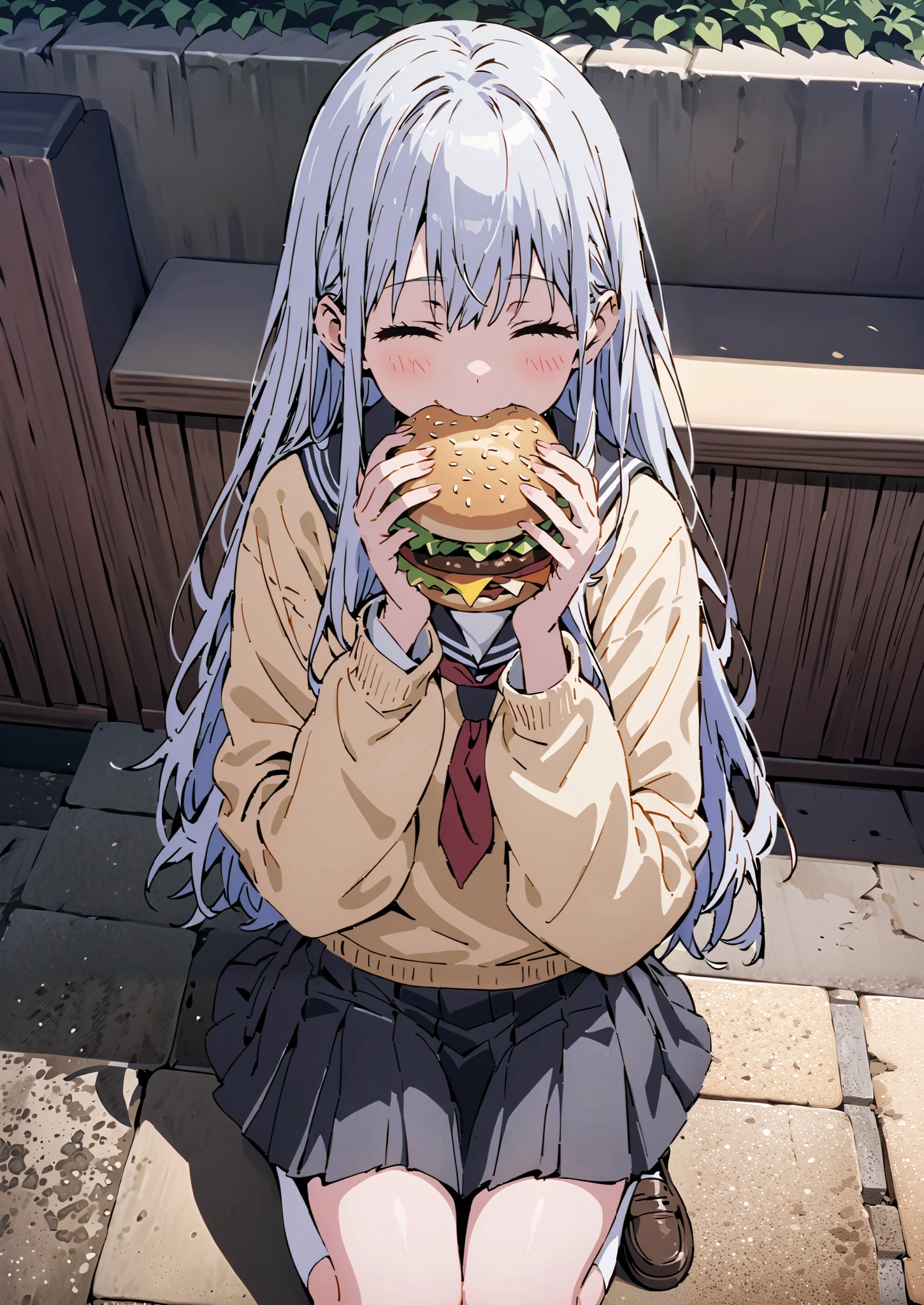 Prohibited bibliography, both eyes, Silver Hair, long hair, smile,blushes,Black sailor suit, yellow cardigan ,black pleated skirt,white high socks,loafers,sitting on a chair holding, holding a hamburger with both hands,eating hamburger,noon,School building,full bodyがイラストに入るように,break outdoors,courtyard,
full body,
break (masterpiece:1.2),top quality , kampala, Unity 8K Wallpaper ,(shape:0.8),It's a person ,full body写真,CG Details , (perfect hands,complete anatomy),