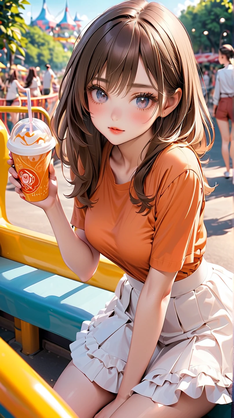 Anime girl sitting on a bench with a cup of coffee, cute Anime girl, anime style illustration, Girl with soda, beautiful anime schoolgirl, hyper realistic , Anime girl, young Anime girl, beautiful Anime girl, Anime girl drinks energy drink, anime style 4k, Digital anime illustration, retro Anime girl, anime image of a cute girl