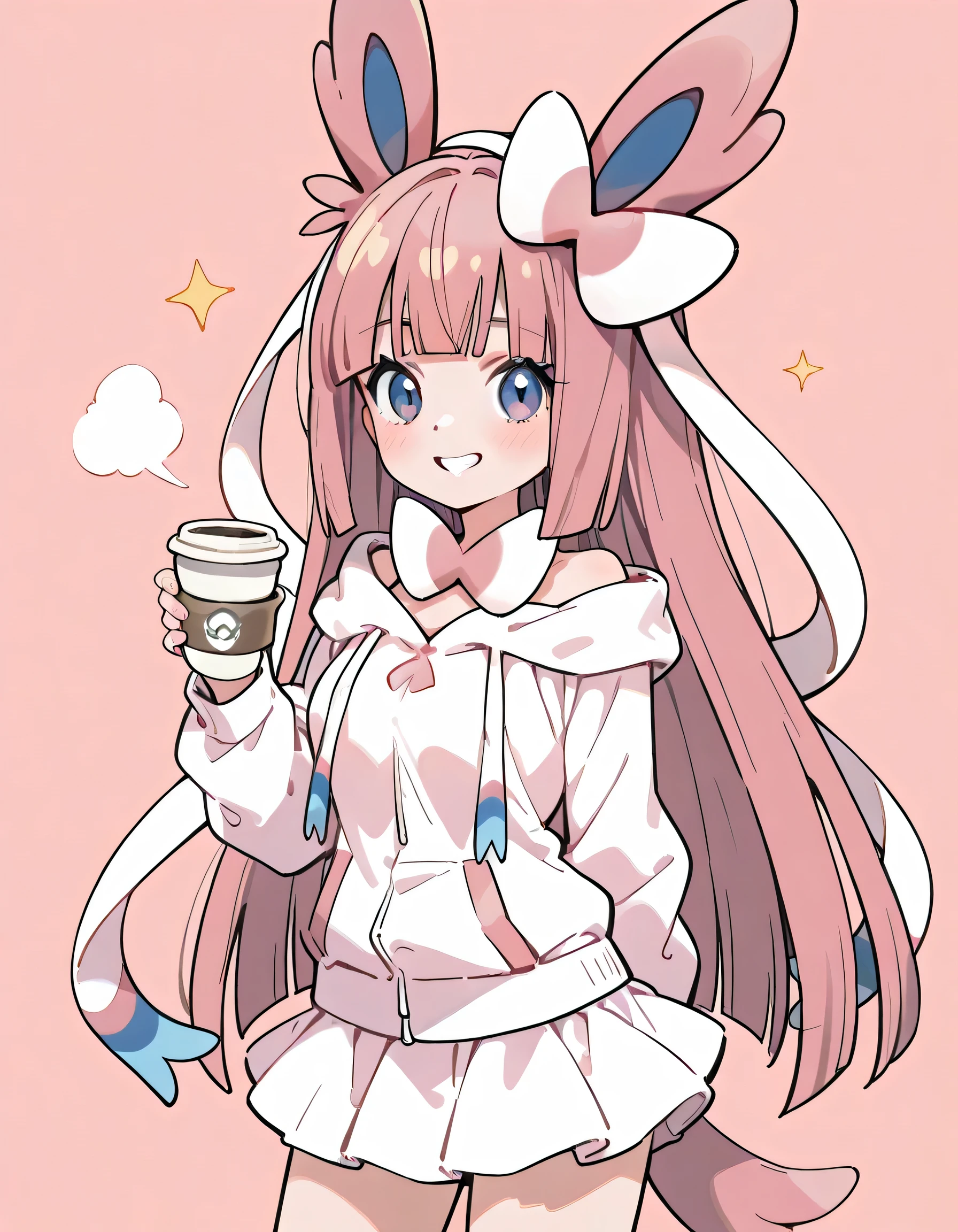 sideview,solo,1girl,18years old,patel pink long straight hair,bangs,natural cosmetic,grin,(offshoulder pastel pink Sylveon(pokemon) design parka,mini skirt),adult female face,have a coffee cup,soft lineart, (pastel cafe color background),memorial shot,nostalgic scene,