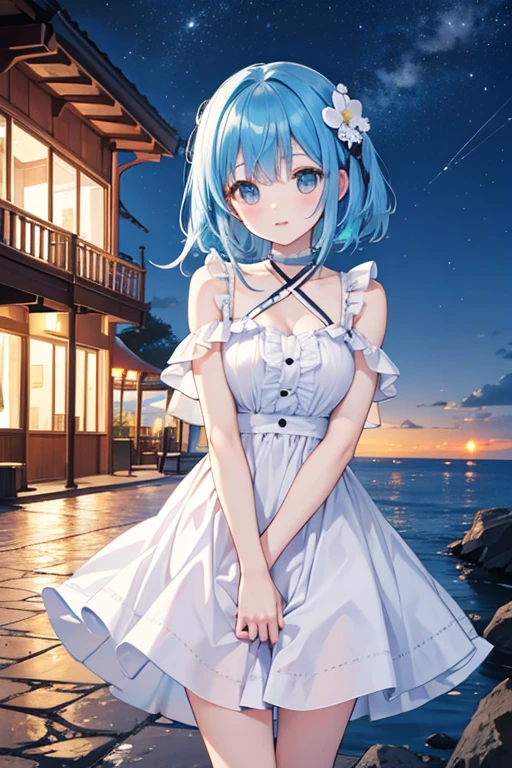 (masterpiece:1.3), (highest quality:1.3), High resolution,
cowboy shot,
leaning forward, body facing forward,
(one cute girl),Rem,Re:zero,alone,
white skin, big breasts, eight-headed person,
light blue hair, (bob hair:1.2), (short hair:1.2), (dull bangs:1.2), beautiful hair, blue eyes, beautiful and fine eyes,
blush, open your mouth, heart, bright smile,
white dress, earrings,
outdoor, (night:1.2), Ocean, beach, Starry sky in beautiful detail,
Shadow Lighting,