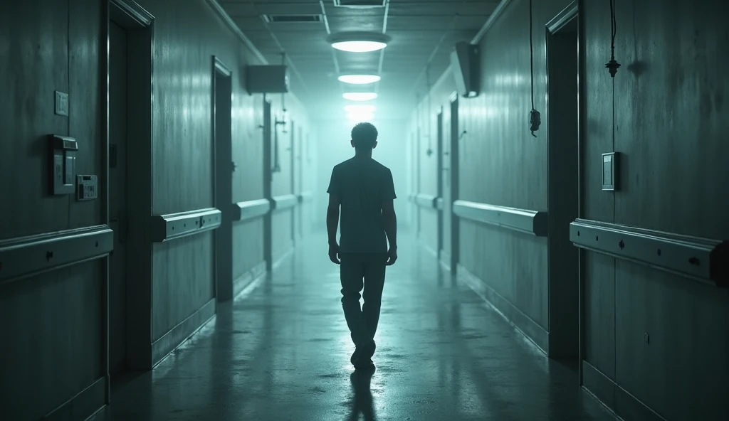 (Masterpiece:1.2,Highest quality,Ultra high resolution,very detailed,realistic,Ultra high resolution,8ก,Wallpaper,(Taking photos in an abandoned hospital),(The image shows a young man standing with his back turned looking at something mysterious in front of him.),Camera angle of Pogal behind the young man,nighttime,Thailand,Quiet and scary,horror