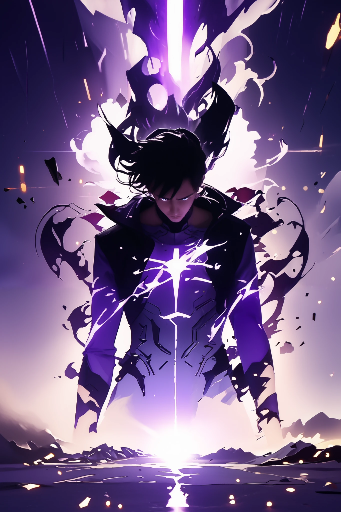 1man, 1boy, sung jin woo, , A hyper-realistic cinematic depiction of Sung Jin-Woo from Solo Leveling, standing in the center of a vast, ethereal battlefield. His figure is surrounded by swirling, shadowy energy, crackling with intense violet and purple flames, emanating from his body like a dark aura. His eyes glow menacingly under his tousled black hair, casting a terrifying yet powerful presence. His shadow armor is sleek and battle-worn, engraved with intricate patterns that reflect the pulsating purple light. A massive energy sword descends from the heavens, aligning perfectly with his body, illuminating the scene with a divine yet ominous radiance. The ground beneath him cracks and rises, as if his power is warping reality itself, with embers and debris floating around.
The background features a grand, futuristic hall with towering walls and endless corridors, bathed in a soft, surreal light that intensifies toward the horizon. The cinematic lighting creates high-contrast, ultra-dramatic shadows, with the ambient glow of violet energy reflecting off the environment and his armor. The composition follows an epic hero shot, with a low-angle perspective, emphasizing his dominance and god-like presence. Shot with a Sony A7R IV, 50mm f/1.4 G Master lens, ultra-HD 8K resolution, dynamic HDR effects, highly detailed textures, volumetric lighting, hyper-realistic rendering, cyber-fantasy aesthetics --ar 16:9 --v 6 --style raw --q 2 --stylize 850