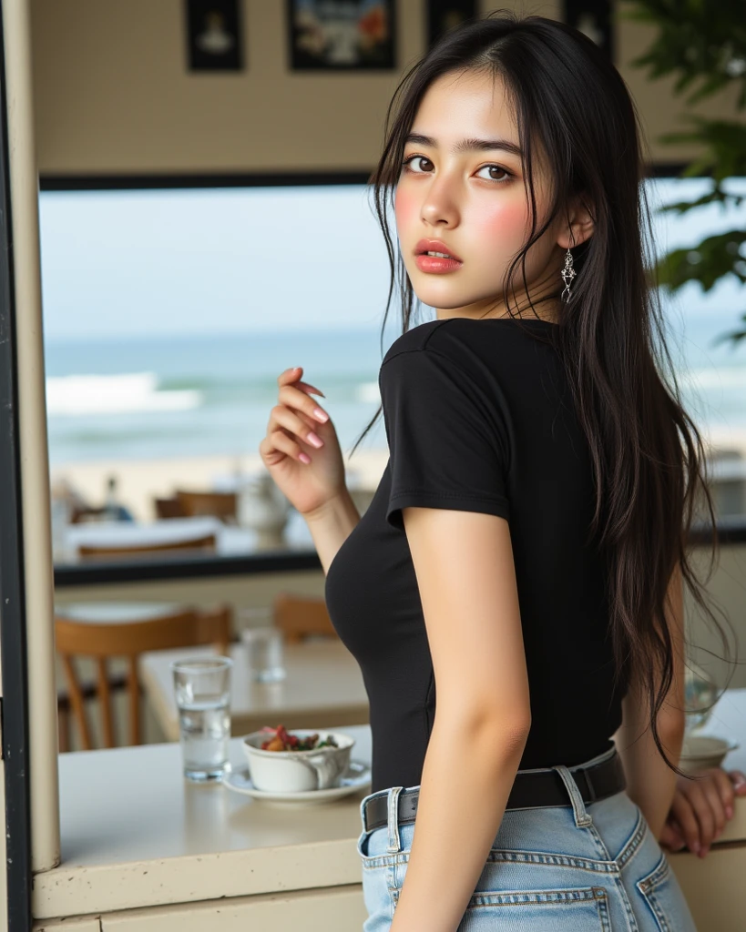 1 Girl,Cafe,Soft Light,Chinese Beauty,Tight Fit,Short sleeve,Trousers,Dark-haired,long hair