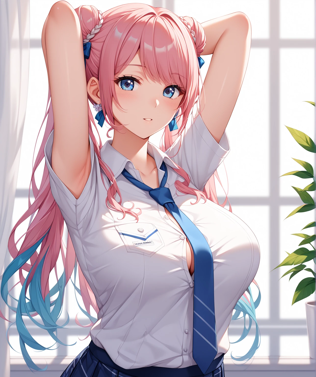 (masterpiece、Highest quality、Very detailed)、((1 Girl))、((Pink Hair))、((Twin tails))、((Bright Blue Eyes))、Wicked Smile、((Grin))、vapor、Earrings、((Very large breasts))、((Open clothes White shirt))、((white Lace Bra))、((Black pleated skirt))、Black socks、((One boy))、((penis:1.2))、((Standing Footjob POV)) 、Bedroom Background、((Browsing Caution)),NSFW,sex